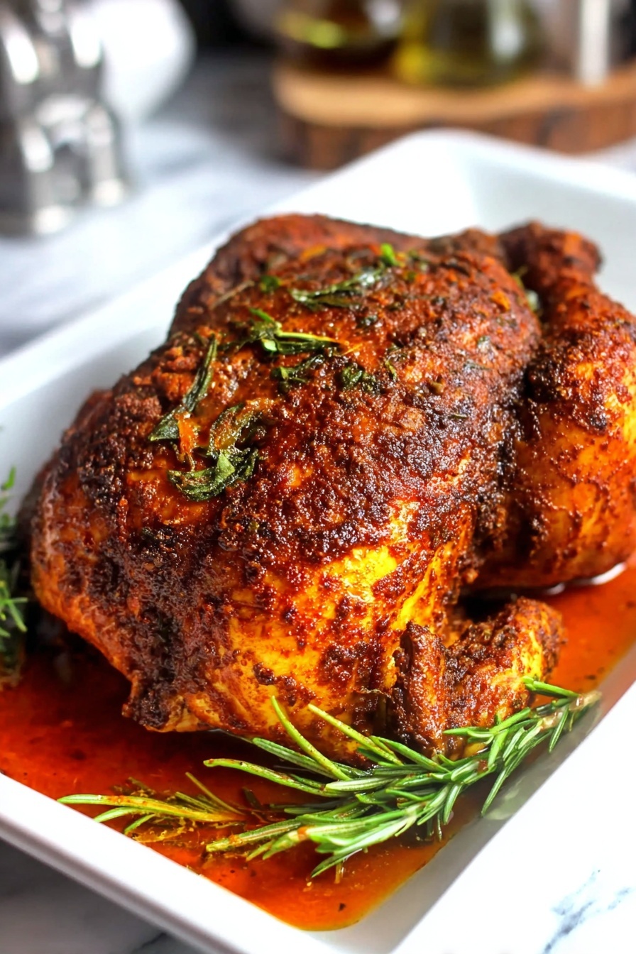 A whole roasted chicken has a rich brown and orange color from the spices covering the skin, giving it a rough, textured look. The chicken is placed in a white rectangular dish with a pool of reddish oil at the bottom. Several green sprigs of rosemary are on and around the chicken, adding a fresh contrast. The white marbled surface underneath the dish makes the colors of the chicken and herbs stand out clearly. photo taken with an iphone --ar 2:3 --v 7