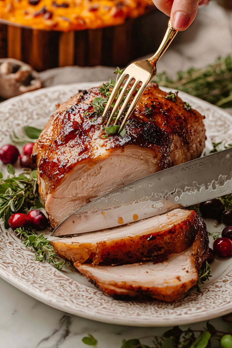 A white plate with a textured pattern holds a sliced golden brown roasted meat with a crispy, slightly charred skin and a tender, juicy inside. The meat is being sliced with a shiny silver knife and held by a gold fork. Around the meat, fresh green herbs with red berries add color and freshness. In the blurred background, there is a white marbled surface and a bowl of bright orange mashed food. Photo taken with an iphone --ar 2:3 --v 7