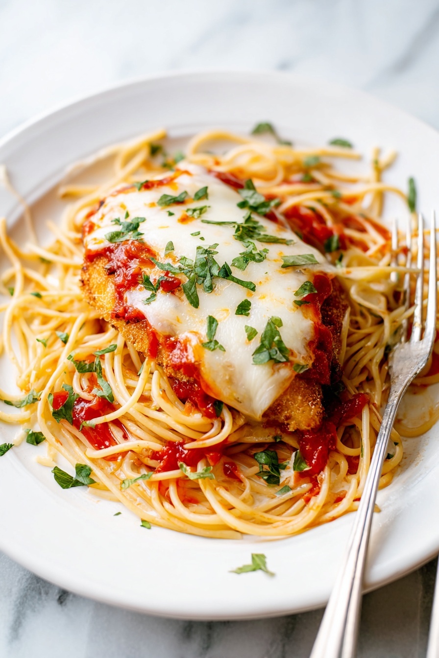 A white plate with a bed of long, light-colored, flat pasta noodles spread in a loose circle near the edges, some strands overlapping each other. On top of the pasta lies a golden-brown crispy fried piece of chicken, covered with bright red tomato sauce partly spread on the pasta beneath it. The chicken is topped with a layer of melted white cheese that looks smooth and slightly glossy. Fresh green chopped herbs are sprinkled over the cheese, sauce, and pasta, adding a pop of color. A silver fork and spoon rest to the side of the plate, their handles visible. The whole scene is set on a white marbled texture. photo taken with an iphone --ar 2:3 --v 7