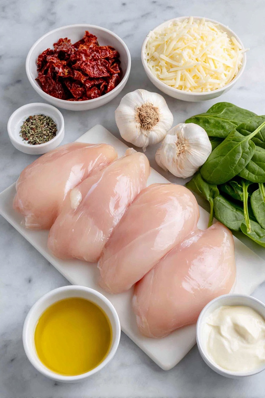 Flat lay of four boneless skinless chicken breasts with a light seasoning of dried Italian herbs, a small white ceramic bowl of mixed dried oregano, thyme, basil, and rosemary, a small white ceramic bowl of kosher salt, a small white ceramic bowl of freshly ground black pepper, a small white ceramic bowl of extra virgin olive oil, four fresh garlic cloves, a small white ceramic bowl of finely chopped yellow onion, a small white ceramic bowl holding thinly sliced sun-dried tomatoes, a handful of fresh baby spinach leaves, a small white ceramic bowl filled with heavy cream, and a small white ceramic bowl with freshly grated parmesan cheese placed on a clean white marble surface, soft natural light, photo taken with an iPhone, professional food photography style, fresh ingredients, white ceramic bowls, no bottles, no duplicates, no utensils, no packaging --ar 2:3 --v 7 --p m7354615311229779997