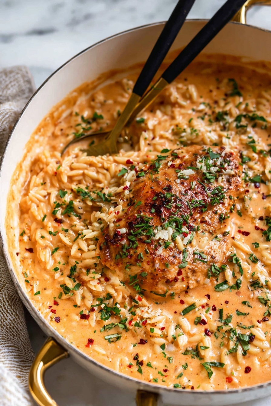 The image shows a close-up of a white pan filled with creamy orange sauce mixed with small, rice-shaped pasta pieces. Two cooked chicken thighs, golden brown with dark spice marks, are sitting on top of the sauce and pasta. The dish is sprinkled with chopped green herbs, adding fresh color contrast. Black and gold utensils rest inside the pan on the right side. The pan is placed on a white marbled surface with a small part of a striped cloth visible at the bottom right corner. Photo taken with an iphone --ar 2:3 --v 7