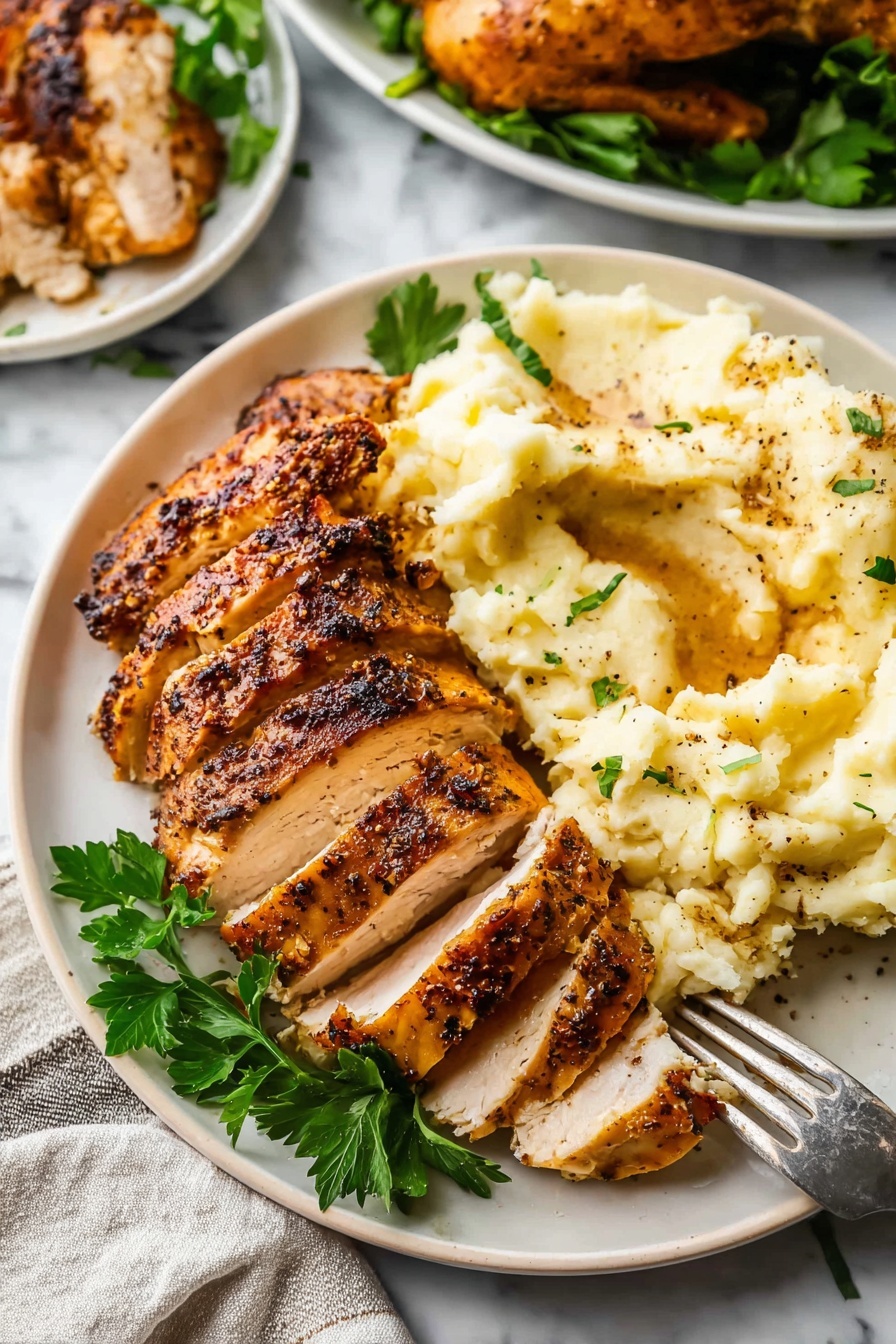A white plate with grilled chicken pieces sliced and arranged in a slightly overlapping row on the left side, with a crispy, dark golden-brown skin that shows char marks and a juicy inside. To the right of the chicken is a generous serving of creamy, pale yellow mashed potatoes with a slightly rough texture, topped with a sprinkle of black pepper. Bright green parsley leaves are placed around the chicken as garnish, adding a fresh touch. A silver fork is stuck into the mashed potatoes, with its handle leaning against the edge of the plate. The plate sits on a white marbled surface with a textured white and black striped cloth nearby. photo taken with an iphone --ar 2:3 --v 7