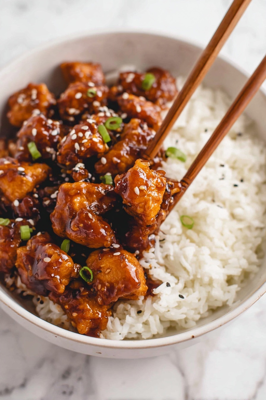 This image shows a white bowl with two layers: the bottom layer is fluffy white rice, the top layer is glossy chunks of reddish-brown glazed chicken covered in sesame seeds and small green onion pieces. A pair of brown chopsticks holds one piece of chicken above the rice. The bowl sits on a white marbled surface. photo taken with an iphone --ar 2:3 --v 7