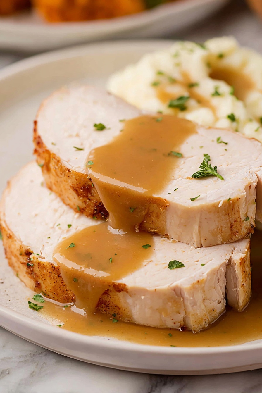 The image shows thick slices of cooked turkey placed on a white plate. The turkey slices are light beige with a slightly browned edge and have smooth, tender texture. A brown gravy is poured over the center of the slices and drips down, garnished with finely chopped green parsley. In the background, there is a small portion of mashed potatoes also topped with gravy. The plate rests on a white marbled surface. Photo taken with an iphone --ar 2:3 --v 7