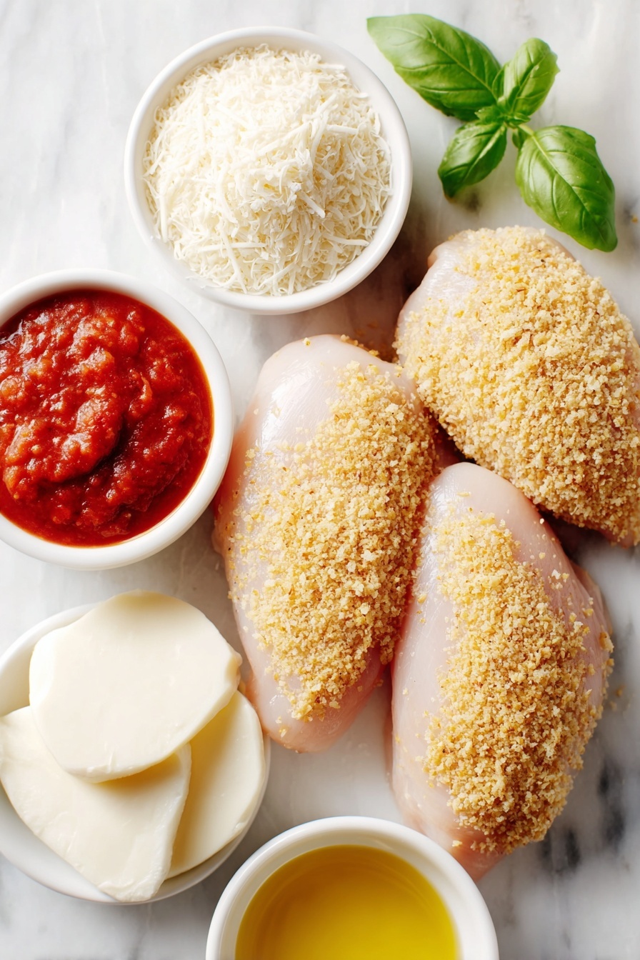 Flat lay of four raw boneless, skinless chicken breasts arranged symmetrically, a small white ceramic bowl of golden melted butter, a small white ceramic bowl filled with seasoned golden-brown breadcrumbs mixed with grated pale Parmesan cheese, a small pile of shredded white mozzarella cheese neatly placed on a simple white plate, a small white ceramic bowl containing bright red marinara sauce, and a few fresh green basil leaves scattered adjacent, all placed on a clean white marble surface, soft natural light, photo taken with an iPhone, professional food photography style, fresh ingredients, white ceramic bowls, no bottles, no duplicates, no utensils, no packaging --ar 2:3 --v 7 --p m7354615311229779997