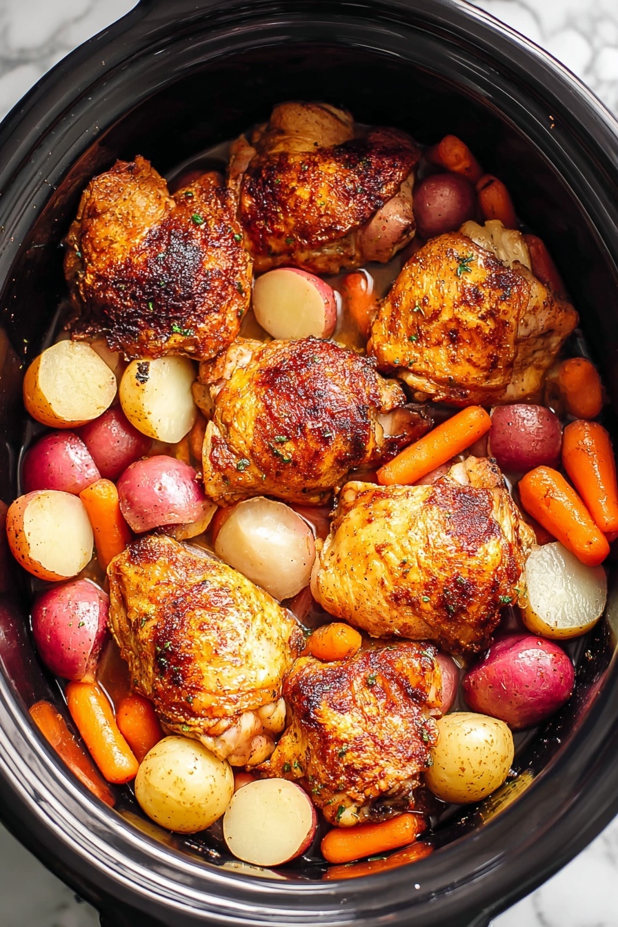 The image shows a black slow cooker filled with seven golden-brown chicken thighs placed on top of a mix of small, round red and white potatoes and bright orange baby carrots. The chicken pieces have a crispy, slightly charred texture, with a mix of light and dark brown spots, and the vegetables underneath have smooth, shiny surfaces partially covered in a clear broth. The background is a white marbled texture. photo taken with an iphone --ar 2:3 --v 7