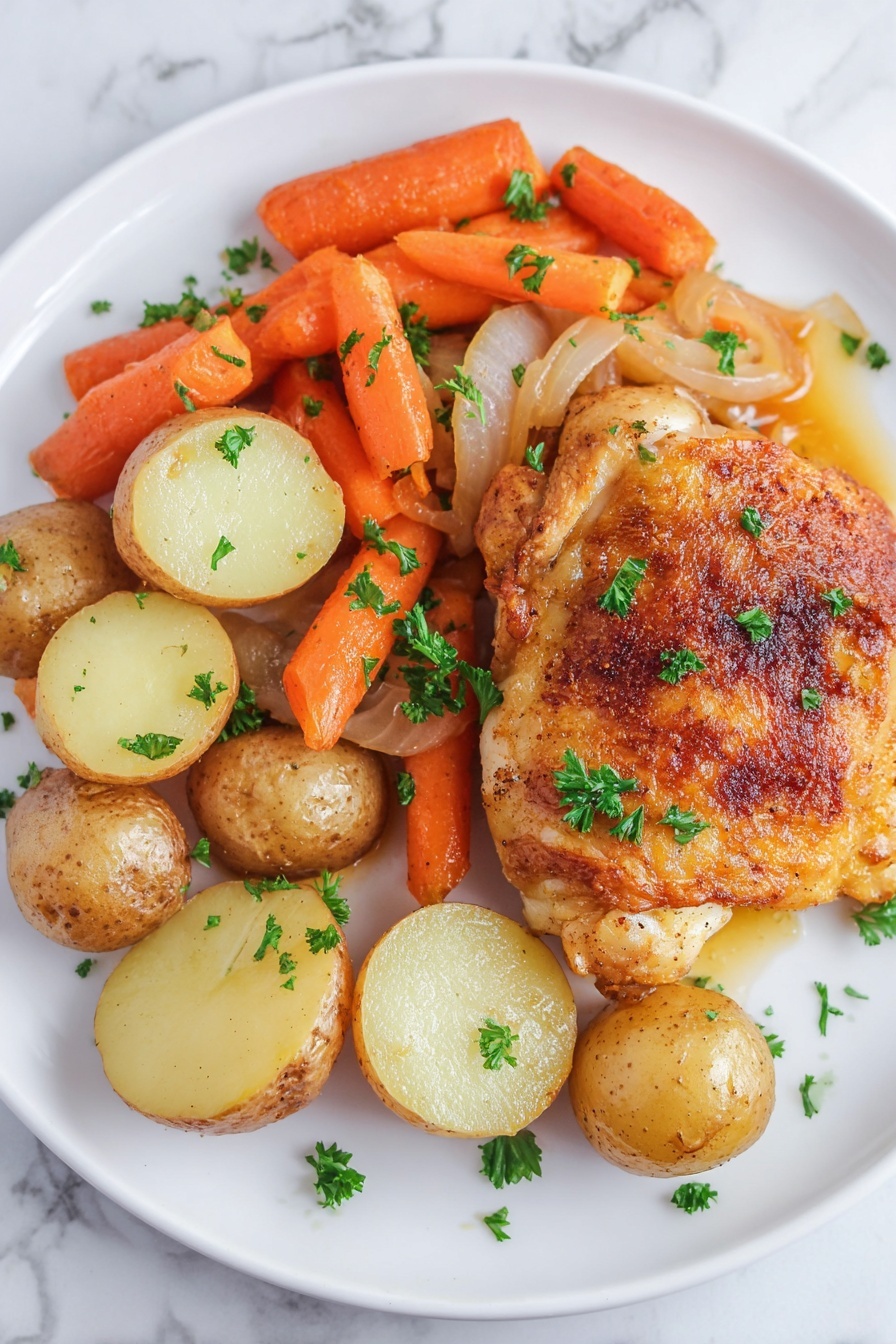 A white bowl filled with three main layers: at the bottom, soft baby red potatoes, some whole and some sliced in half, showing their light yellow insides; on top of the potatoes, bright orange cooked baby carrots mixed with translucent cooked onion slices; in front, two pieces of browned, crispy chicken with a golden, slightly charred skin. The whole dish is sprinkled with fresh green chopped parsley, adding a fresh touch. The bowl sits on a white marbled surface. Photo taken with an iphone --ar 2:3 --v 7