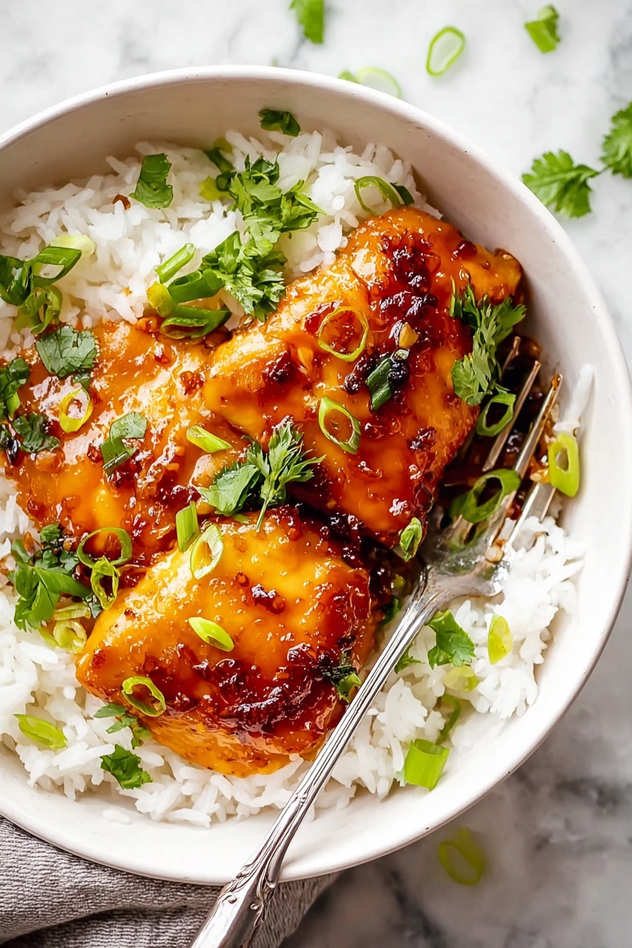 A white bowl filled with a layer of fluffy white rice at the bottom, topped with two large pieces of golden-brown glazed chicken covered in a shiny, sticky sauce with visible bits of garlic. The chicken pieces are garnished with bright green sliced scallions and fresh cilantro leaves spread across the dish. A silver fork rests inside the bowl touching the rice on one side. The bowl sits on a white marbled surface with a few sprigs of cilantro scattered nearby. Photo taken with an iphone --ar 2:3 --v 7