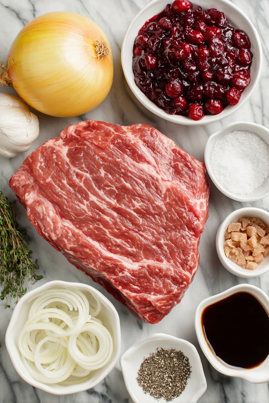 Flat lay of a fresh whole chuck roast with rich marbling, a large yellow onion sliced into rings arranged neatly, a small white bowl filled with plump whole cranberry sauce berries, a small white bowl containing golden brown sugar crystals, four whole garlic cloves with smooth white skins, a small white bowl of dried minced onion flakes, a small white bowl of finely ground dried thyme, a small white bowl with coarse kosher salt, a small white bowl of cracked black peppercorns, and a small white bowl of dark Worcestershire sauce, all placed on a clean white marble surface, soft natural light, photo taken with an iPhone, professional food photography style, fresh ingredients, white ceramic bowls, no bottles, no duplicates, no utensils, no packaging --ar 2:3 --v 7 --p m7354615311229779997