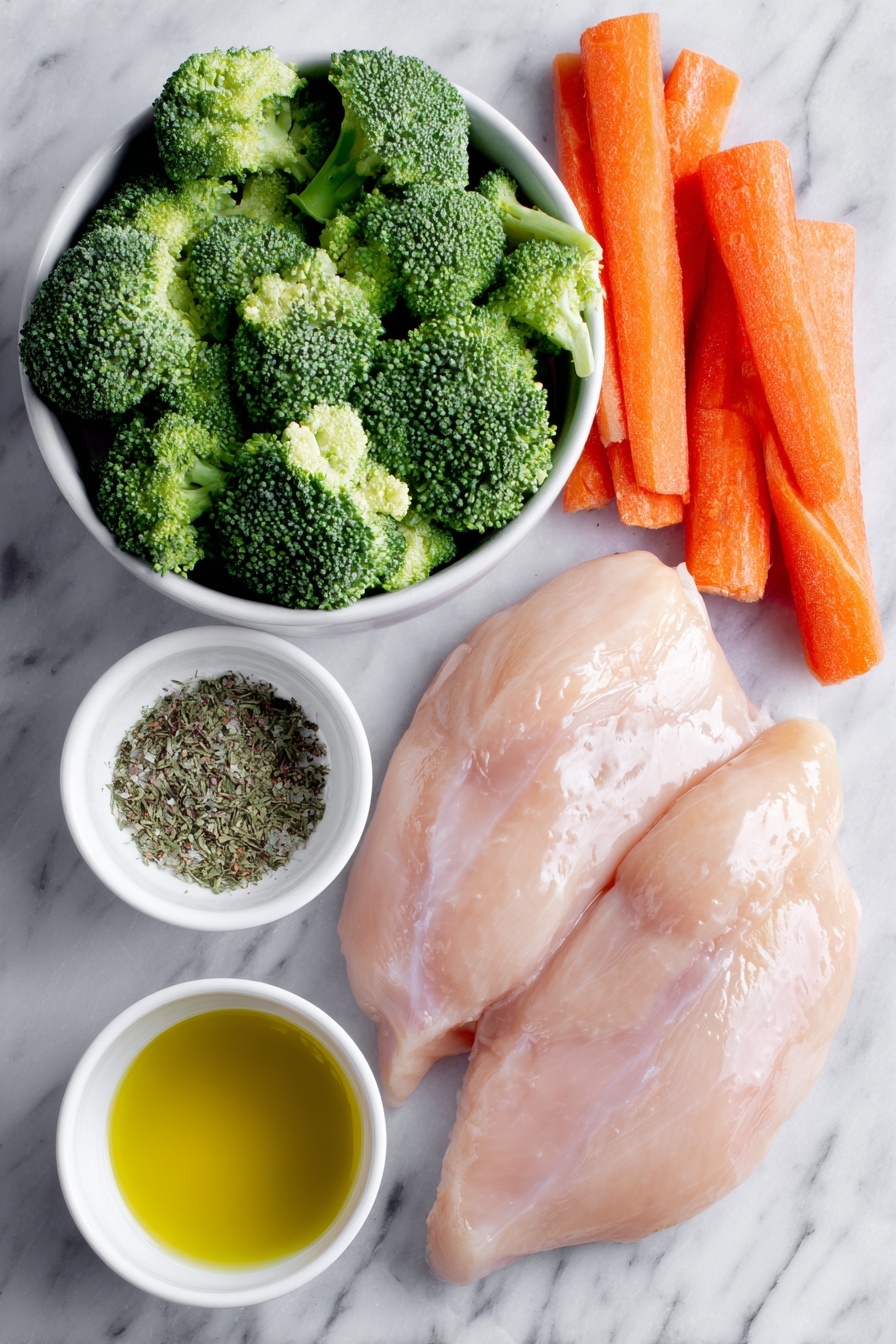 Flat lay of boneless skinless chicken breasts, fresh broccoli florets, large peeled carrots cut into chunks, a small white bowl of mixed Italian seasoning (dried herbs), a small white bowl of kosher salt, a small white bowl of garlic powder, a small white bowl of onion powder, a small white bowl of freshly ground black pepper, a small white bowl filled with golden olive oil, all arranged symmetrically on a clean white marble surface, soft natural light, photo taken with an iPhone, professional food photography style, fresh ingredients, white ceramic bowls, no bottles, no duplicates, no utensils, no packaging --ar 2:3 --v 7 --p m7354615311229779997