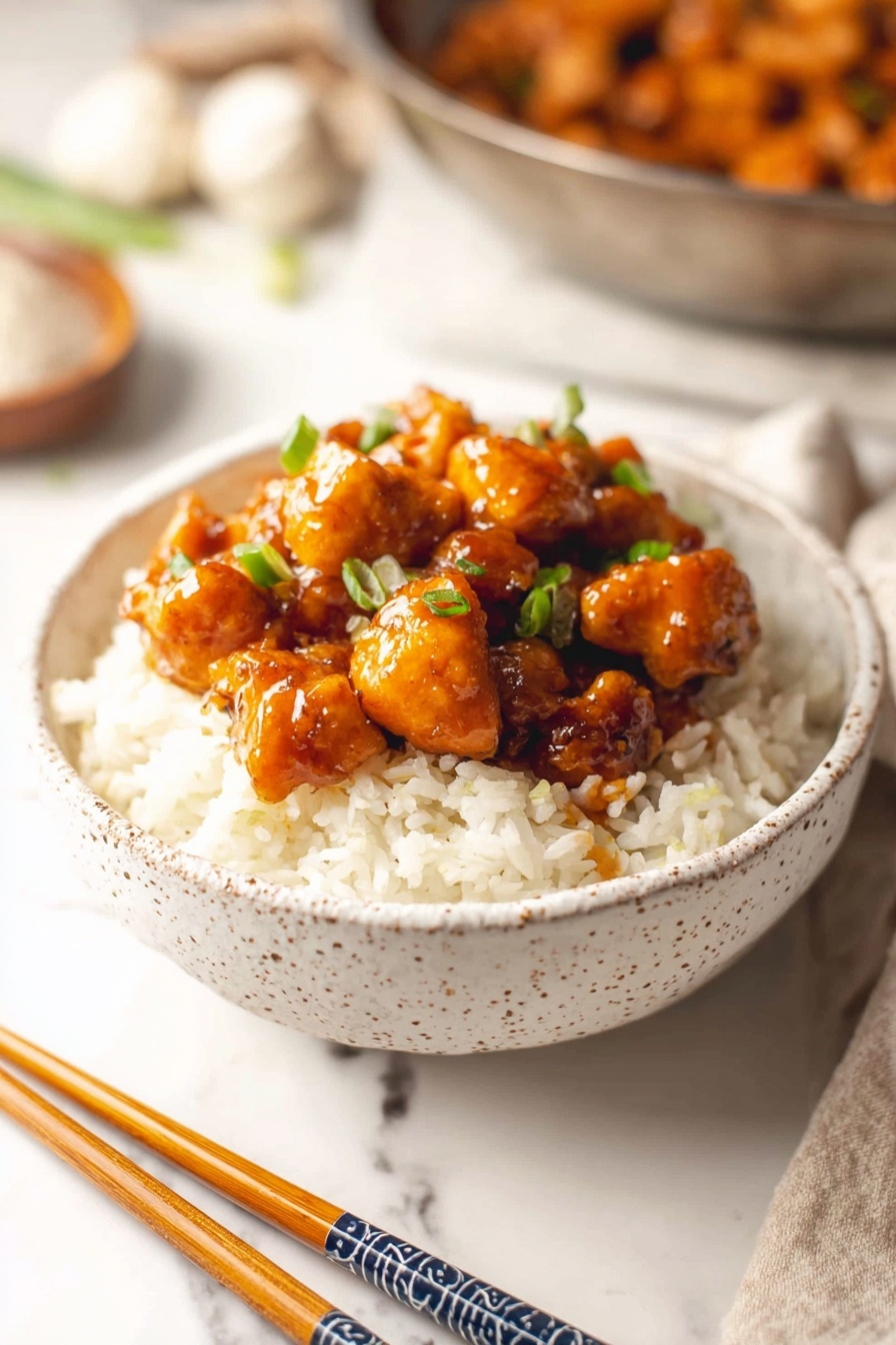 A white speckled bowl filled with a base layer of fluffy white rice, topped with several pieces of glossy, dark brown glazed chicken with a sticky sauce. Small green chopped onions are sprinkled on top for color contrast. To the right side of the bowl, a pair of wooden chopsticks with blue patterned tips rest against the bowl's edge. The bowl is set on a white marbled surface with a soft blurred background including a cloth and some ginger root. Photo taken with an iphone --ar 2:3 --v 7