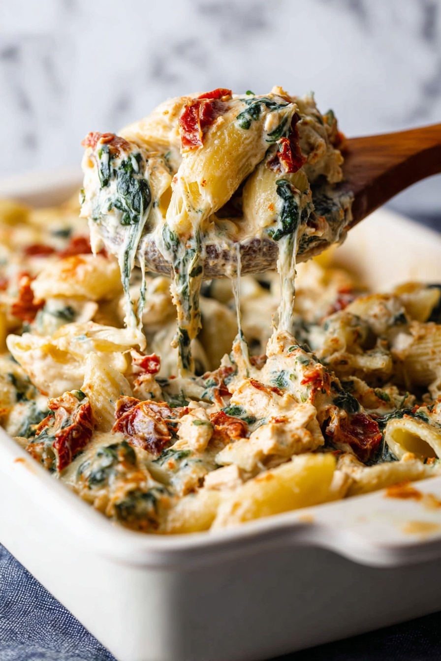 The image shows a white rectangular baking dish filled with a creamy pasta bake. The dish has three main visual layers mixed together: light golden yellow pasta tubes scattered throughout, white and creamy melted cheese sauce coating the pasta, and bits of red sun-dried tomatoes along with green spinach leaves layered evenly. There are also small chunks of pale cooked chicken mixed in. A dark wooden spoon scoops some pasta from the right side, showing the creamy sauce and pasta shape clearly. The baking dish is placed on a white marbled surface with some fresh green spinach leaves in the top right corner and a black and white striped cloth partially visible on the bottom left side. The entire scene is well-lit and sharp, making the textures of cheese, pasta, and vegetables visible. Photo taken with an iphone --ar 2:3 --v 7