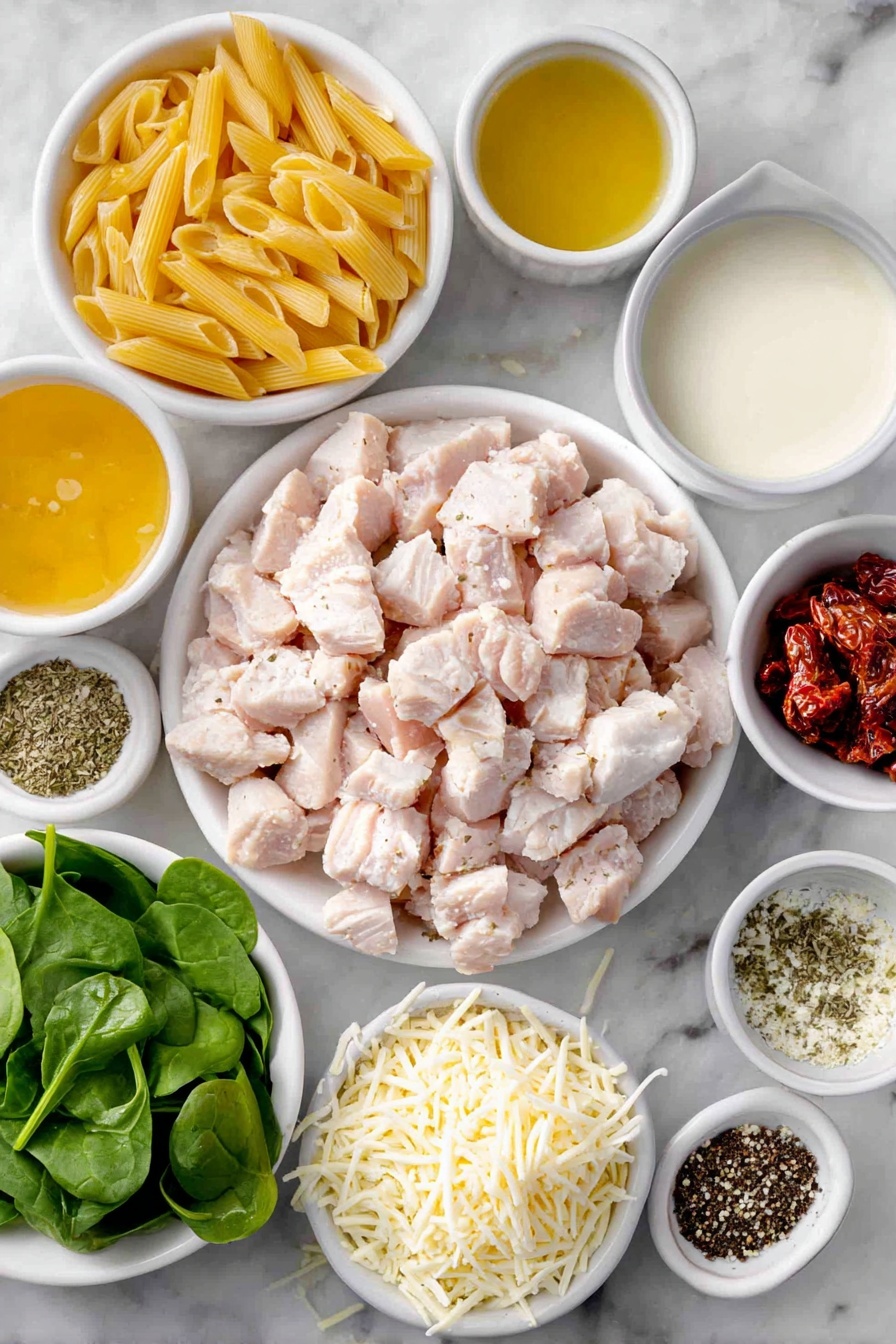 Flat lay of diced raw chicken breast pieces, uncooked penne pasta, chopped fresh spinach leaves, bright red chopped sun-dried tomatoes, a small white bowl of heavy cream, a small white bowl of chicken broth, a small white bowl of Italian seasoning blend, a small white bowl of garlic powder, a small white bowl of onion powder, a small white bowl of salt crystals, a small white bowl of black peppercorns, a small white bowl of shredded parmesan cheese, a small white bowl of grated mozzarella cheese placed on a clean white marble surface, soft natural light, photo taken with an iPhone, professional food photography style, fresh ingredients, white ceramic bowls, no bottles, no duplicates, no utensils, no packaging --ar 2:3 --v 7 --p m7354615311229779997