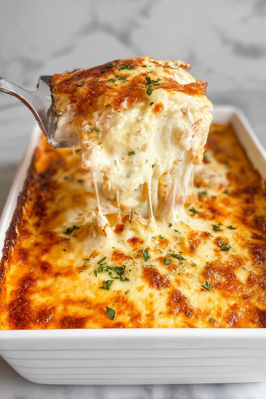 A white rectangular dish filled with a creamy baked cheesy casserole, showing at least three layers beneath the top: a golden-browned melted cheese crust sprinkled with chopped green herbs, a thick, creamy white cheese layer visible underneath with melted strings stretching as a woman's hand lifts a portion, revealing tender pieces of meat peeking through the rich textures. The casserole sits on a white marbled surface with steam faintly rising, highlighting the fresh, gooey cheese and browned spots on top. photo taken with an iphone --ar 2:3 --v 7