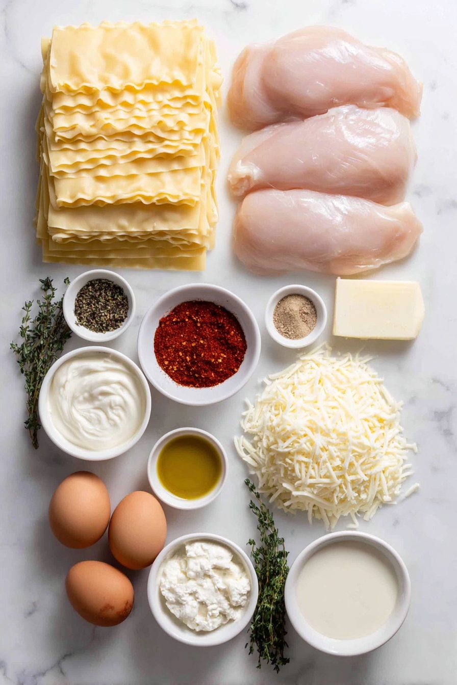 Flat lay of fresh uncooked wide lasagna noodle sheets neatly stacked, three raw whole chicken breasts without packaging, a small white ceramic bowl of golden olive oil, a small white bowl filled with vibrant red smoked paprika powder, a separate small white bowl containing bright orange cayenne pepper powder, a small white bowl with pale beige onion powder, a small white bowl holding light brown granulated brown sugar, a small white bowl with off-white garlic powder, fresh sprigs of dried thyme and oregano placed side by side, a half block of smooth cream cheese, a mound of creamy white ricotta cheese, a pile of bright green chopped spinach leaves, a small white bowl filled with heavy whipping cream, a pile of freshly grated parmesan cheese, a block of white mozzarella cheese, a block of creamy yellow colby jack cheese, a few large uncracked brown eggs, a small white bowl filled with coarse salt, and a small white bowl filled with whole black peppercorns — all arranged symmetrically and balanced in proportions on a clean white marble surface, soft natural light, photo taken with an iPhone, professional food photography style, fresh ingredients, white ceramic bowls, no bottles, no duplicates, no utensils, no packaging --ar 2:3 --v 7 --p m7354615311229779997
