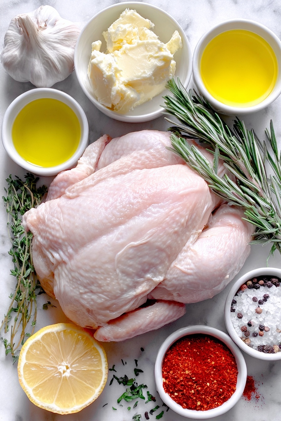Flat lay of a whole raw chicken with pale pink skin, six whole garlic cloves peeled and minced garlic in a small white ceramic bowl, one halved head of garlic with exposed cloves, two fresh whole lemons—one whole and one quartered, a small white ceramic bowl with melted butter, another small white bowl with olive oil, a small white bowl containing bright red paprika powder, a mound of fresh chopped green parsley, a small pile of fresh chopped rosemary leaves next to six tied rosemary sprigs, a small bundle of fresh thyme sprigs alongside finely chopped thyme, two whole brown eggs with clean shells, all arranged with perfect symmetry on a clean white marble surface, soft natural light, photo taken with an iPhone, professional food photography style, fresh ingredients, white ceramic bowls, no bottles, no duplicates, no utensils, no packaging --ar 2:3 --v 7 --p m7354615311229779997