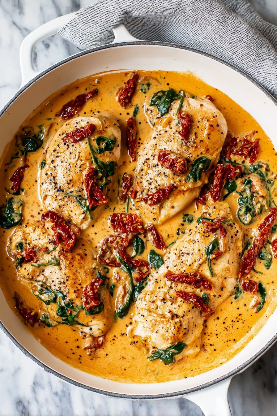 A white pan holds four large, pale chicken pieces, each partly covered with a creamy orange sauce. Mixed in the sauce are bright red strips of sun-dried tomatoes and deep green spinach leaves, spread evenly around and on top of the chicken. The chicken has some black pepper specks, and the sauce looks smooth and thick, filling the pan around the pieces. The background is a white marbled surface with a light gray cloth partially visible under the pan. photo taken with an iphone --ar 2:3 --v 7