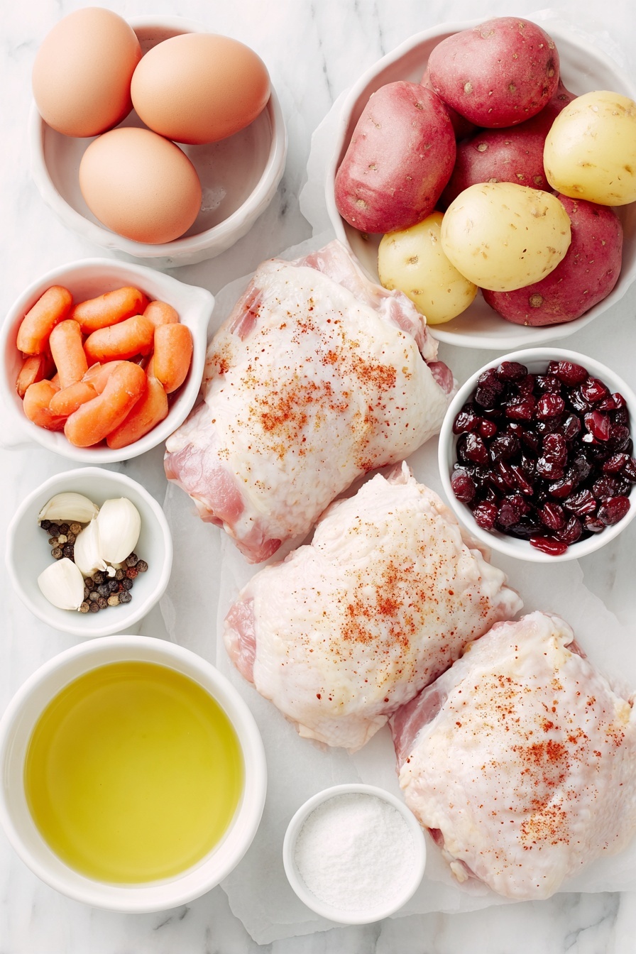 Flat lay of boneless skinless chicken thighs with a natural pink tone, a small mound of bright orange smoked paprika powder, two whole uncracked brown eggs beside a small white ceramic bowl of golden olive oil, halved baby red potatoes showing their creamy interiors, a cluster of fresh slender baby carrots with green tops trimmed, a medium red onion quartered to show vibrant purple layers, three whole garlic cloves unpeeled, a small white ceramic bowl filled with clear golden chicken broth, and a tiny white bowl with a pale white cornstarch powder next to another small white bowl of clear water, all arranged symmetrically with perfect proportions on a clean white marble surface, soft natural light, photo taken with an iPhone, professional food photography style, fresh ingredients, white ceramic bowls, no bottles, no duplicates, no utensils, no packaging --ar 2:3 --v 7 --p m7354615311229779997