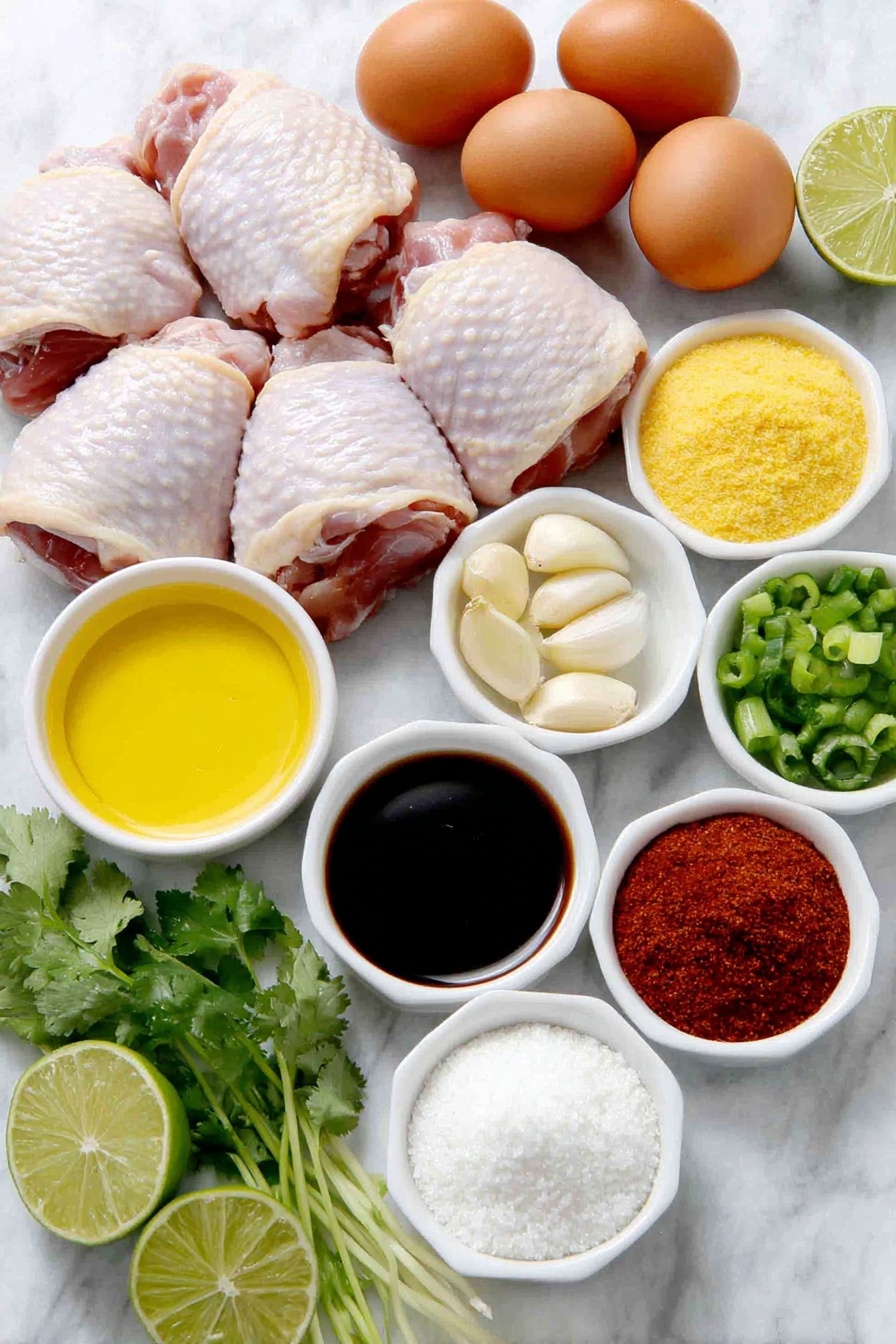 Flat lay of fresh raw chicken thighs with skin, a small white ceramic bowl of golden honey, another small white ceramic bowl filled with rich amber tamari sauce, four peeled garlic cloves, a small white ceramic bowl of clear pale yellow avocado oil, a small white ceramic bowl of light amber apple cider vinegar, a small pile of vibrant red paprika powder, a small heap of fine beige onion powder, a bowl of cooked white rice, finely sliced bright green onions, a handful of fresh green cilantro leaves, and a halved lime with bright green flesh placed on a clean white marble surface, soft natural light, photo taken with an iPhone, professional food photography style, fresh ingredients, white ceramic bowls, no bottles, no duplicates, no utensils, no packaging --ar 2:3 --v 7 --p m7354615311229779997