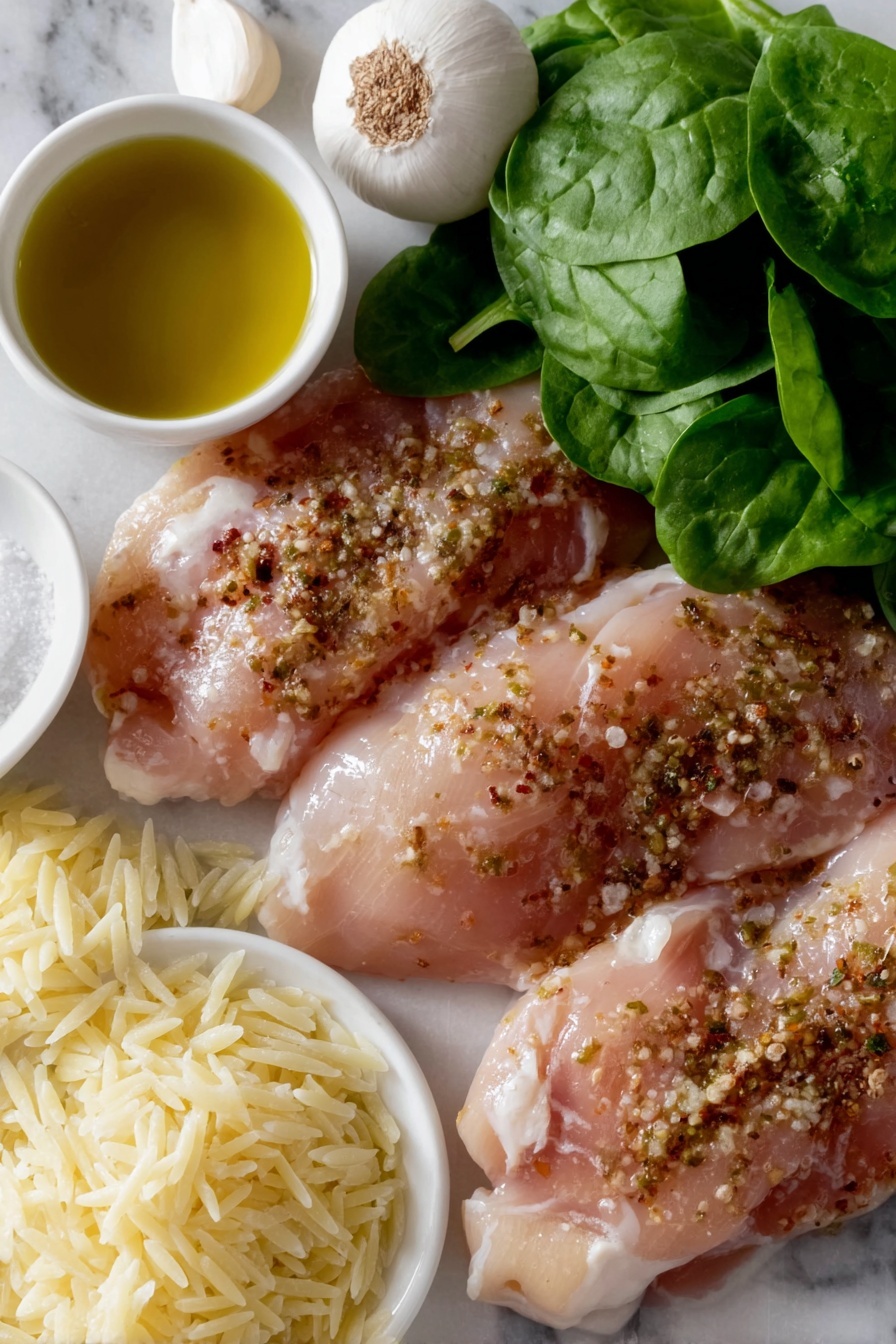 Flat lay of thin raw chicken breasts seasoned with cracked pepper and paprika, a few whole garlic cloves, a small white ceramic bowl of olive oil, a small white ceramic bowl of white wine, a small white ceramic bowl of low sodium chicken broth, a small white ceramic bowl of Italian seasoning herbs, uncooked orzo pasta arranged neatly, a small white ceramic bowl of heavy cream, a small white ceramic bowl of grated Parmesan cheese, a small white ceramic bowl with bright red tomato paste, and two handfuls of fresh baby spinach leaves, placed on a clean white marble surface, soft natural light, photo taken with an iPhone, professional food photography style, fresh ingredients, white ceramic bowls, no bottles, no duplicates, no utensils, no packaging --ar 2:3 --v 7 --p m7354615311229779997