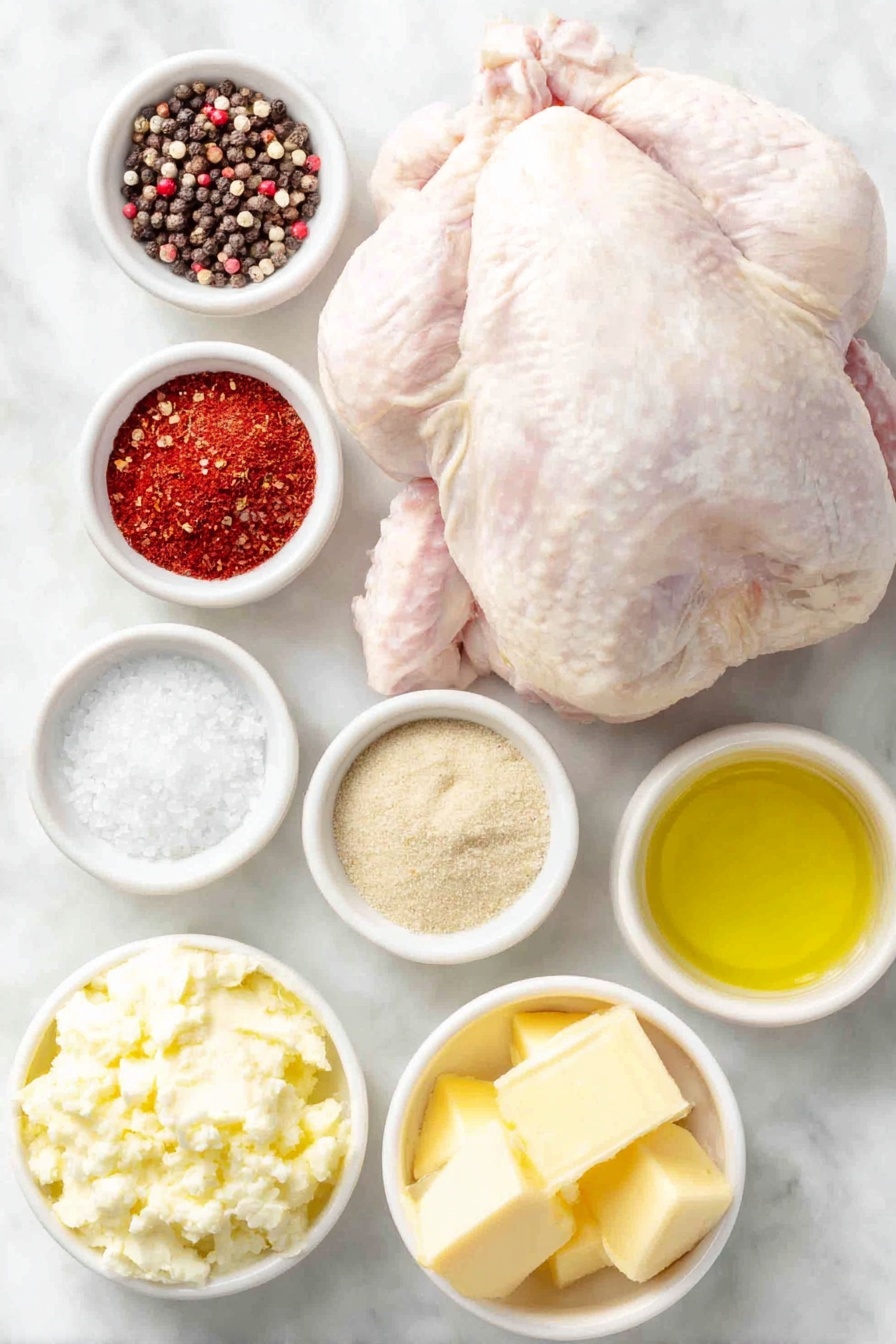 Flat lay of a whole fresh raw turkey with pale pink skin and plump shape, a small white ceramic bowl with fine kosher salt crystals, a small white ceramic bowl with coarse black peppercorns, a small white ceramic bowl filled with bright red paprika powder, a small white ceramic bowl containing off-white garlic powder, a small white ceramic bowl with pale beige onion powder, a small white ceramic dish with a mound of softened pale yellow salted butter, and a small white ceramic bowl holding golden olive oil, all arranged in perfect symmetry placed on a clean white marble surface, soft natural light, photo taken with an iPhone, professional food photography style, fresh ingredients, white ceramic bowls, no bottles, no duplicates, no utensils, no packaging --ar 2:3 --v 7 --p m7354615311229779997