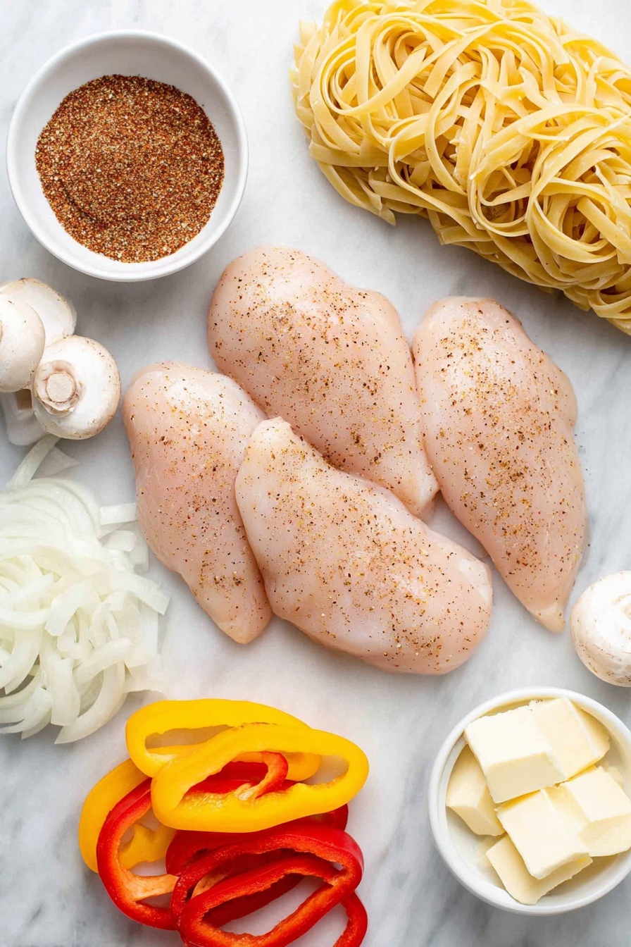 Flat lay of four raw boneless skinless chicken breasts seasoned with Cajun spices, three sliced multi-color bell peppers arranged in overlapping segments, one peeled and sliced red onion with visible layers, a cluster of sliced white cremini mushrooms, a neat bundle of uncooked linguine pasta strands, two small white ceramic bowls—one filled with creamy heavy cream and the other holding bright reddish-brown Cajun seasoning, and a small white bowl containing rolled golden butter pats, all placed on a clean white marble surface, soft natural light, photo taken with an iPhone, professional food photography style, fresh ingredients, white ceramic bowls, no bottles, no duplicates, no utensils, no packaging --ar 2:3 --v 7 --p m7354615311229779997