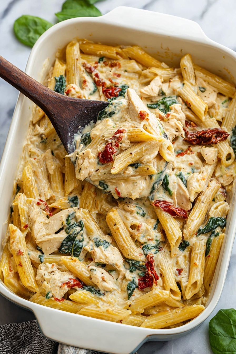 A white baking dish filled with creamy pasta layers, including pale yellow pasta tubes, chunks of light beige chicken, dark green leafy spinach, and bright red sun-dried tomatoes, all coated in thick white cheese sauce that stretches slightly as a wooden spoon lifts a hearty scoop from the dish. The pasta looks soft and mixed well with the sauce and other ingredients, sitting on a white marbled surface. The photo looks close up and focused on the stirring spoon lifting the creamy, mixed pasta layers photo taken with an iphone --ar 2:3 --v 7