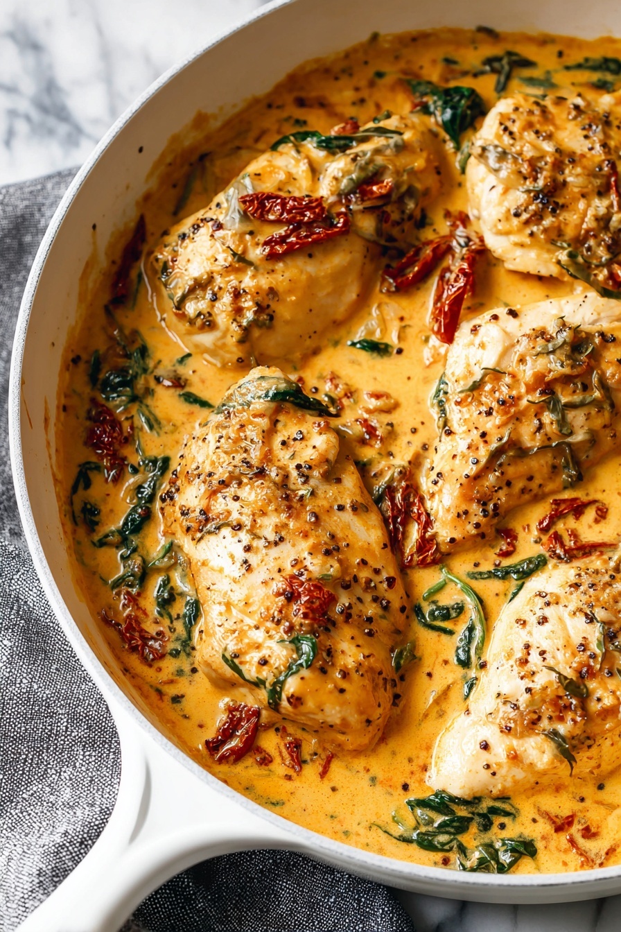 The image shows a white pan filled with four cooked chicken pieces sitting in a rich, thick, creamy orange sauce. The sauce is mixed with dark green spinach leaves and red sun-dried tomato strips scattered evenly across the surface. The chicken pieces have a slight golden brown color on top with visible pepper and herbs. The pan handle is partly visible at the bottom with a textured gray cloth underneath, and the surface beneath the pan is a white marbled texture. photo taken with an iphone --ar 2:3 --v 7