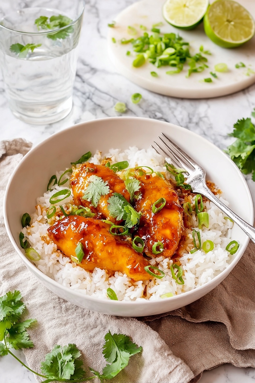 A white bowl filled with a base layer of fluffy white rice, topped with three pieces of golden-brown chicken glazed with a shiny, dark amber sauce. The chicken pieces are garnished with bright green sliced scallions and fresh cilantro leaves scattered on top and around the dish. The bowl sits on a light gray linen napkin, with a silver fork placed next to it. In the background, there is a white marbled surface supporting a plate with lime wedges and more sliced scallions, along with a clear textured glass of water. photo taken with an iphone --ar 2:3 --v 7