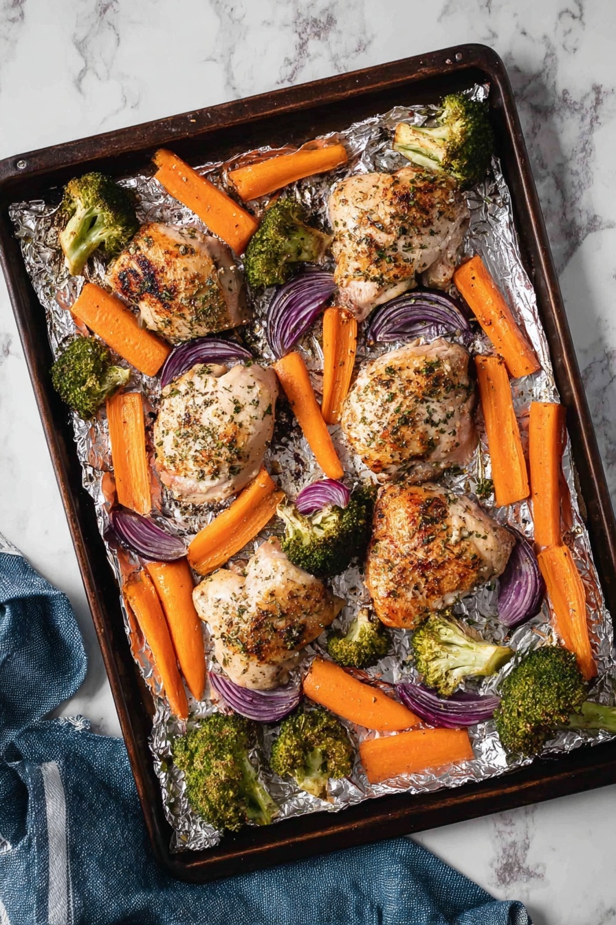 A metal baking tray lined with wrinkled silver foil holds five pieces of cooked chicken seasoned with black pepper and herbs, spaced evenly across the center. Surrounding the chicken are bright orange carrot sticks, deep green broccoli florets, and thick wedges of purple-red onion, all showing slight charring from roasting. The tray rests on a white marbled surface, with a dark blue cloth partially visible at the bottom left corner. The colors are warm and natural, with a clear view from above, showing the texture of the roasted vegetables and the chicken skin. photo taken with an iphone --ar 2:3 --v 7