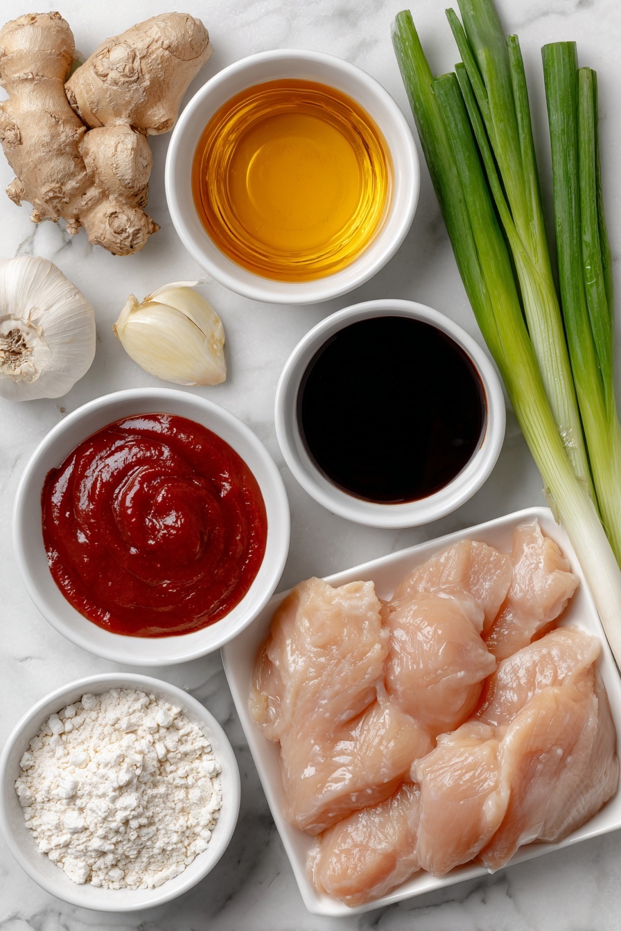 Flat lay of finely diced fresh ginger root, two peeled garlic cloves, a small white bowl of golden honey, a small white bowl of dark soy sauce, a small white bowl of bright red ketchup, a small white bowl of amber toasted sesame oil, a small pile of white sesame seeds, a large raw boneless skinless chicken breast, a small mound of white cornstarch powder, a small white bowl of light golden cooking oil, and two fresh green onion stalks with chopped green tops placed in perfect symmetry on simple white ceramic dishes, all ingredients looking fresh and natural, placed on a clean white marble surface, soft natural light, photo taken with an iPhone, professional food photography style, fresh ingredients, white ceramic bowls, no bottles, no duplicates, no utensils, no packaging --ar 2:3 --v 7 --p m7354615311229779997