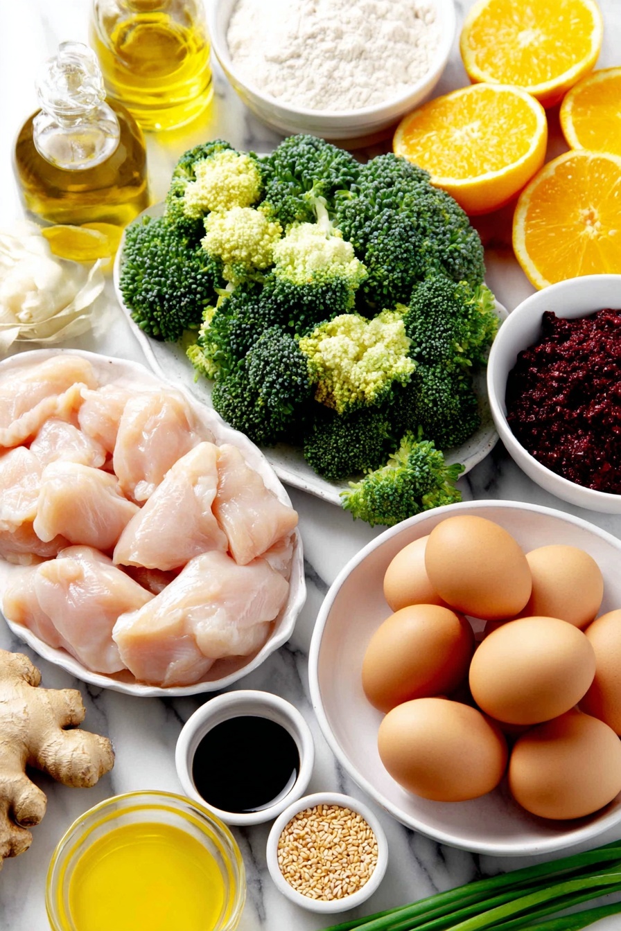 Flat lay of fresh raw chicken breast cubes, a small mound of bright orange zest, several whole uncracked brown eggs, a small white bowl of pale all-purpose flour, a small white bowl of golden extra virgin olive oil, fresh green broccoli florets, a bunch of vibrant green onions with long stalks, a small white bowl of fresh orange juice, a small white bowl of dark tamari soy sauce, a small white bowl of clear rice vinegar, a small white bowl of golden honey, four cloves of fresh whole garlic, a piece of fresh ginger root with skin, a small white bowl of bright red chili paste (gochujang), a small white bowl of dark toasted sesame oil, a small white bowl of white cornstarch, and a small white bowl of black peppercorns placed on a clean white marble surface, soft natural light, photo taken with an iPhone, professional food photography style, fresh ingredients, white ceramic bowls, no bottles, no duplicates, no utensils, no packaging --ar 2:3 --v 7 --p m7354615311229779997