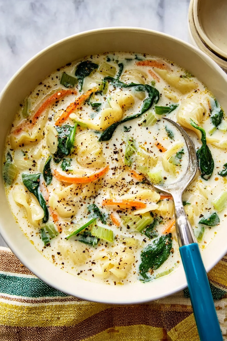 A white bowl filled with a creamy soup that has pieces of soft white dumplings or pasta, thin orange carrot strips, green spinach leaves, and small slices of light green celery all mixed in. The soup has black pepper sprinkled on top, adding specks of black over the smooth creamy white broth. A spoon with a blue handle is partially placed in the soup. The bowl sits on a white marbled surface with a striped cloth napkin nearby. Photo taken with an iphone --ar 2:3 --v 7