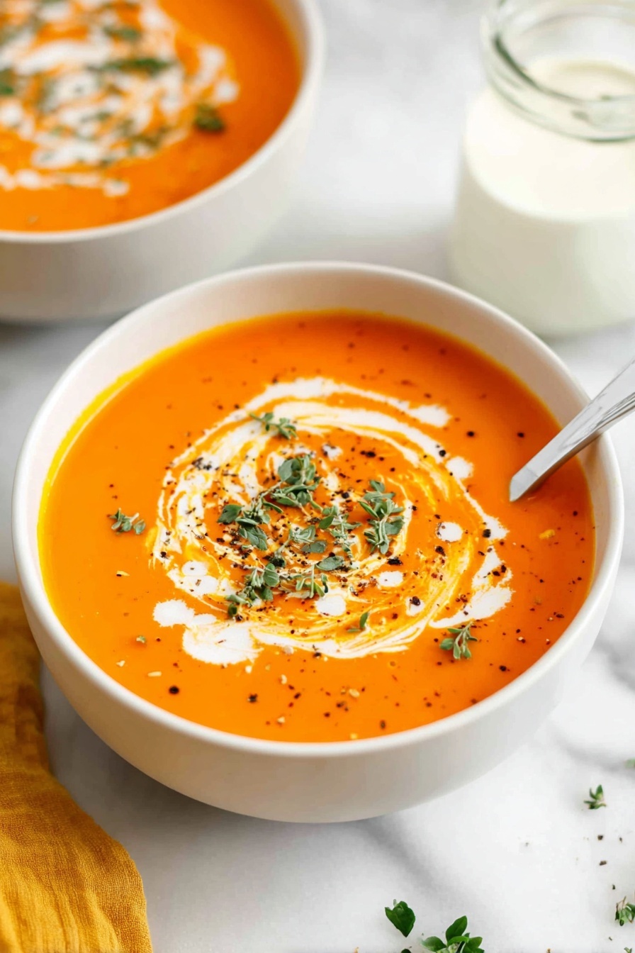 A white bowl filled with bright orange tomato soup, topped with a swirl of white cream creating a marbled pattern on the surface. There are small black pepper specks scattered over the soup and a small pile of fresh green basil leaves in the center. A white spoon is placed inside the bowl on the right side. The bowl sits on a white marbled surface, with another portion of soup in a similar white bowl partially visible in the top left corner, and a glass of white creamy liquid behind the main bowl. A folded yellow cloth is on the bottom left corner of the image photo taken with an iphone --ar 2:3 --v 7
