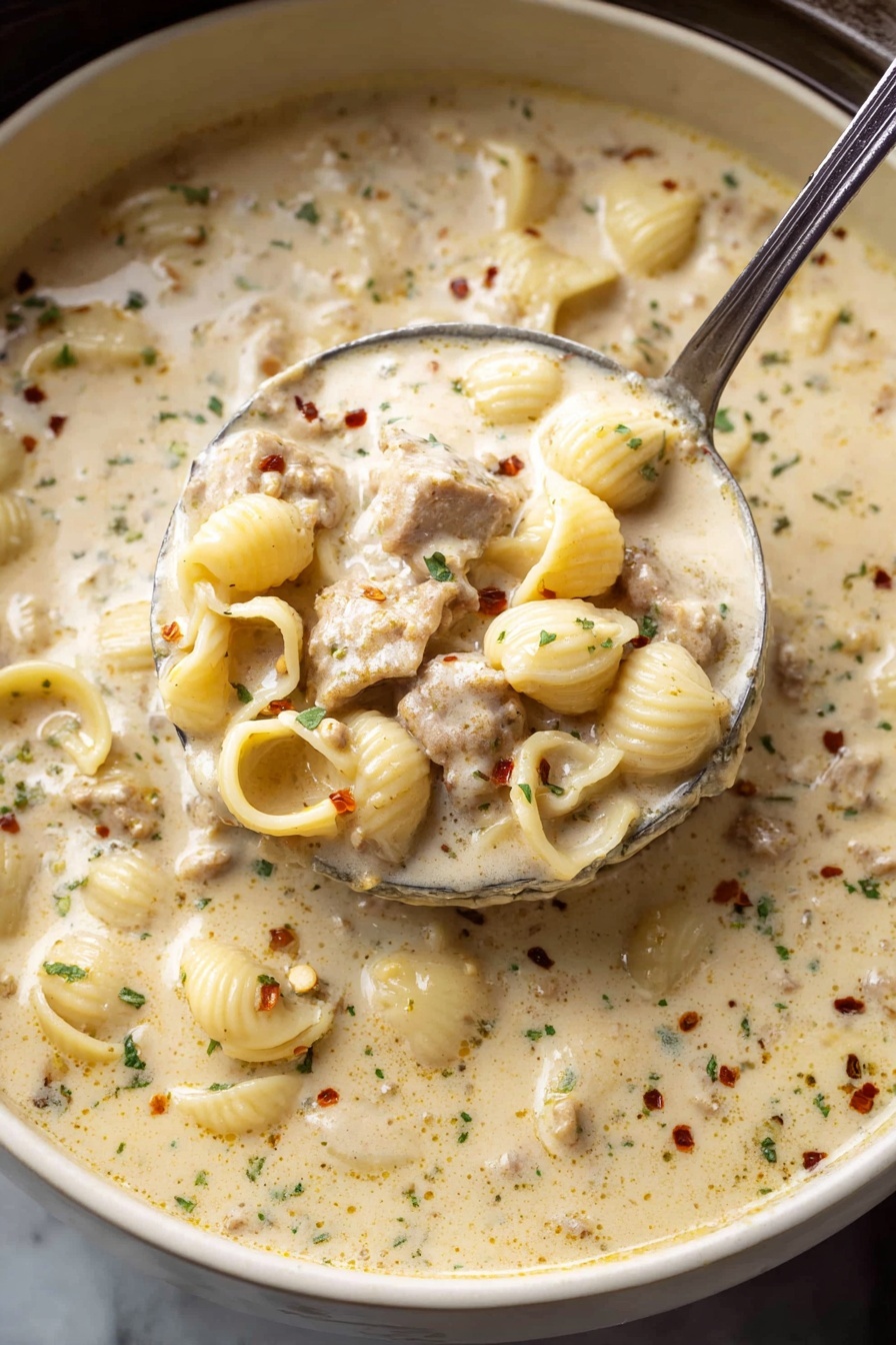 A deep, round blue pot filled with creamy white soup that has pale yellow corn kernels and small curved pasta shells scattered throughout. There are chunks of light brown cooked chicken and tiny green herb pieces mixed in, with red chili flakes and finely chopped herbs sprinkled in the center on top. Around the pot, on a white marbled surface, there are toasted round bread slices and a small white bowl of red chili flakes. The metal spoon sits near the edge of the pot, and a dark cloth napkin is partially visible under the pot. Photo taken with an iphone --ar 2:3 --v 7