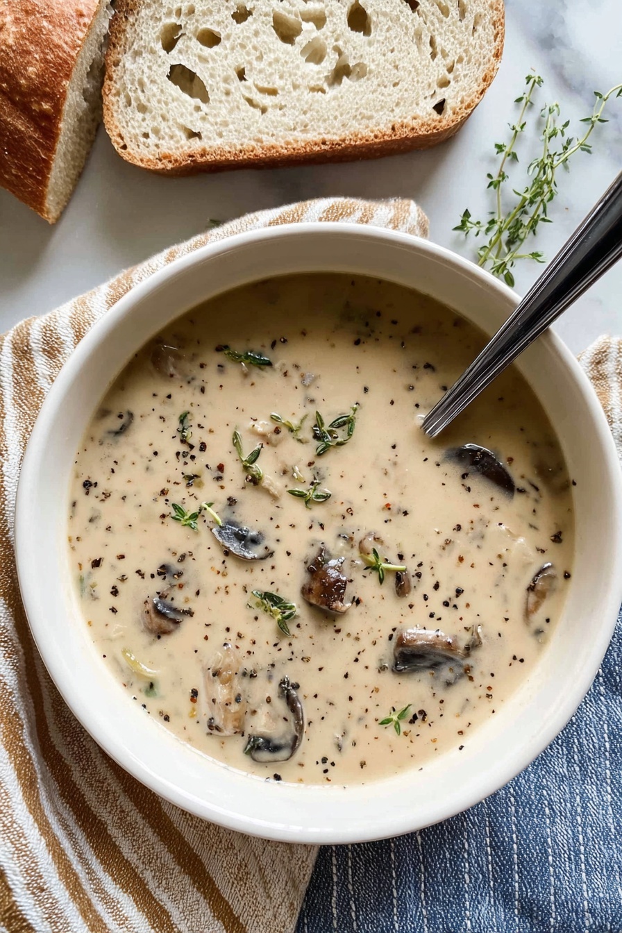 A creamy mushroom soup is served in a light tan bowl that holds a thick, creamy off-white soup with visible small dark mushroom pieces and light green herb sprigs floating on top, sprinkled with coarse black pepper. A silver spoon with a black handle rests inside the bowl on the right. The bowl is placed on a blue and white striped towel and a beige knit cloth with white circles is nearby. In the background, there is a slice of crusty light brown bread with an airy inside and a small rosemary sprig beside it, all set against a white marbled texture. Photo taken with an iphone --ar 2:3 --v 7