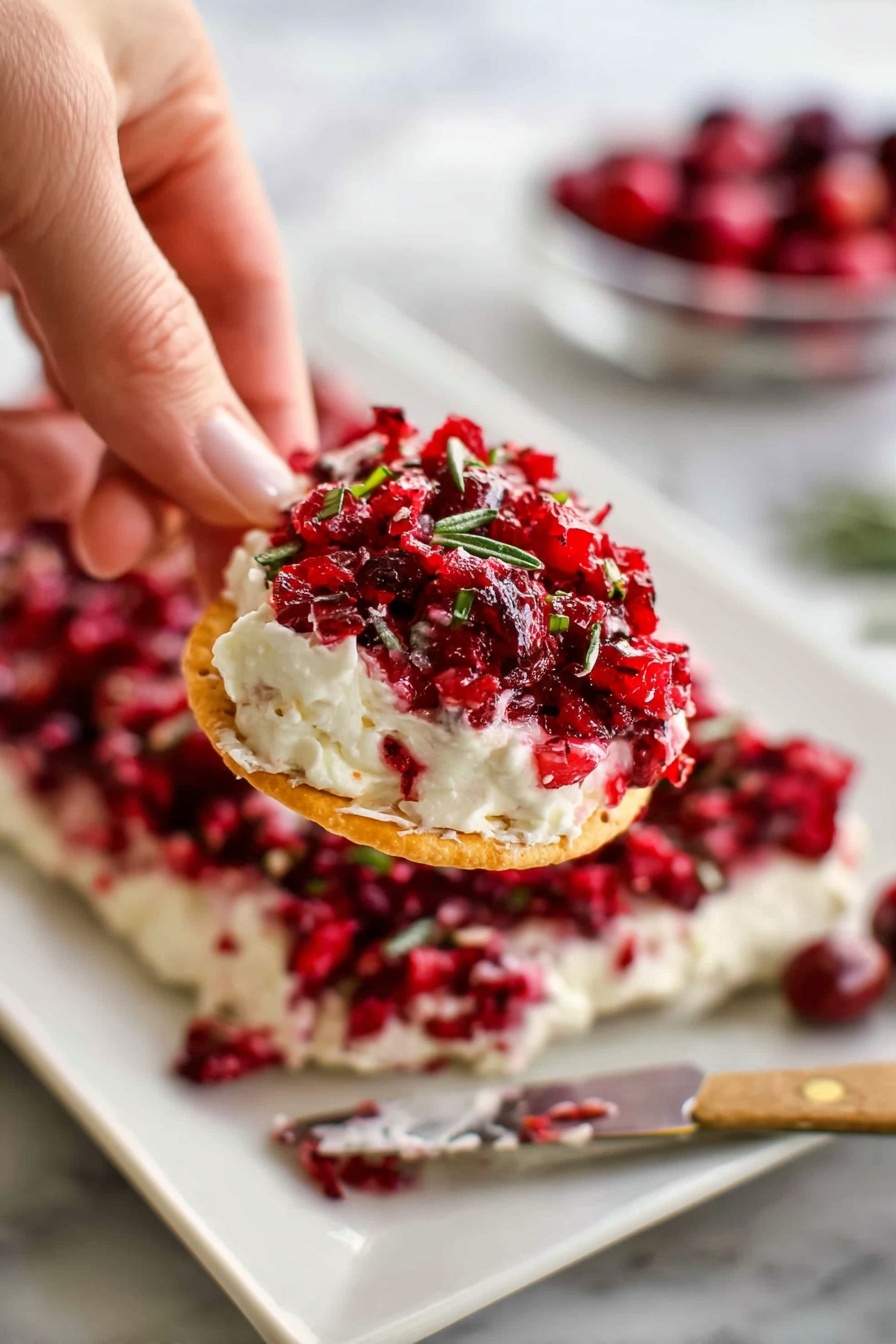A close-up of a woman's hand holding a round cracker topped with two layers: a bottom layer of soft, white creamy cheese with a smooth texture, and a top layer of finely chopped bright red cranberry mixture with small bits of green herbs scattered throughout. In the background, there is a white plate with more of the same two-layer spread, showing the creamy cheese base underneath the chunky red cranberry topping. The plate is set on a white marbled texture. There is also a knife with a silver blade and a wooden handle near the plate. Photo taken with an iphone --ar 2:3 --v 7