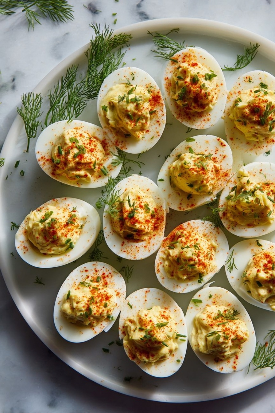 A round white plate holds eleven halved boiled eggs arranged in a loose circle. Each egg has a bright white outer layer, topped with a thick, creamy pale yellow filling that is slightly rough in texture. The yellow filling is sprinkled with small green herb pieces and a light layer of reddish-orange powder, giving a speckled look. The plate is set on a white marbled surface with a few green herb sprigs nearby. photo taken with an iphone --ar 2:3 --v 7