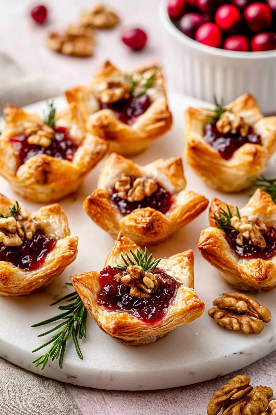 The image shows six small puff pastry tarts arranged on a round white marbled surface. Each tart has a golden-brown, flaky crust forming an open cup with four folded corners. Inside each cup is a deep red layer of cranberry filling, topped with small chunks of chopped walnuts and a fresh dark green sprig of rosemary. Near the tarts, some whole walnuts are placed on the surface. In the background, there is a square white bowl filled with bright red cranberries, and a partially visible baguette. The lighting is bright, highlighting the texture of the crust and the glossy cranberry topping. Photo taken with an iphone --ar 2:3 --v 7