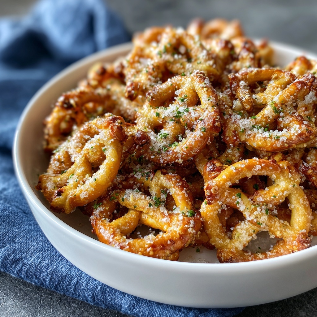 There is a white bowl filled with curly, golden brown snack rings that look crunchy and are coated with small white seasoning bits and green herbs. The snack rings are piled high inside the bowl, with a few spread next to the bowl on a white marbled surface. The background is softly blurred with blue cloth visible behind the bowl. The photo taken with an iphone --ar 2:3 --v 7