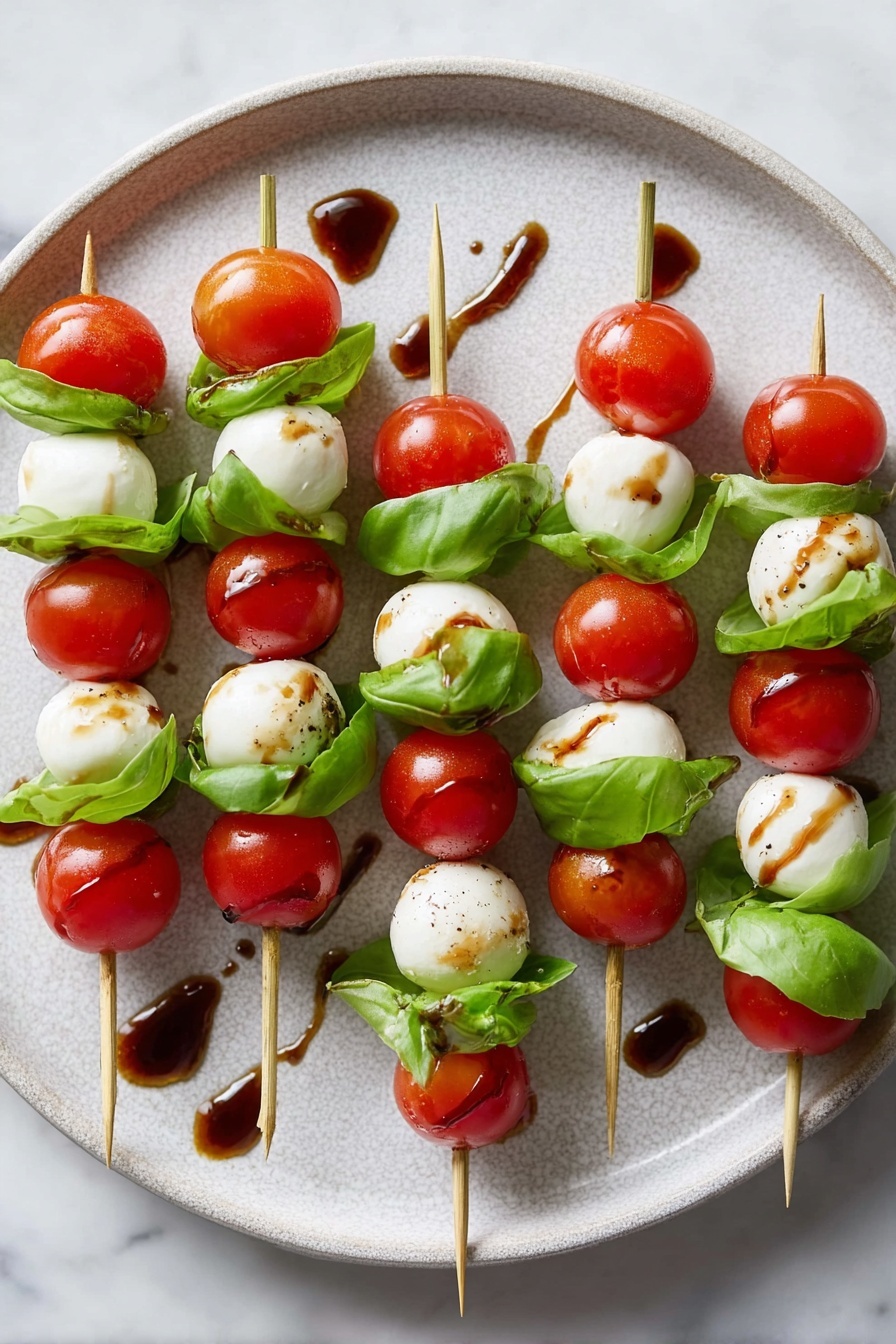 The image shows a white round plate on a white marbled surface holding eight skewers of Caprese salad bites. Each skewer has three layers: bright red cherry tomatoes on top and bottom, with white smooth mozzarella balls and fresh green basil leaves layered alternately in the middle. The skewers have a light drizzle of dark balsamic glaze across the mozzarella and tomatoes, adding shine and contrast. The wooden picks holding the ingredients have small loops at the top, giving a neat presentation. The plate and the skewers are arranged casually but neatly, showcasing the fresh, colorful ingredients clearly. photo taken with an iphone --ar 2:3 --v 7