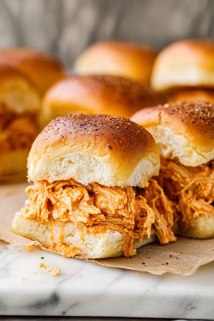 A close-up of a sandwich made with two soft, golden brown dinner rolls seasoned with herbs and coarse salt. The sandwich is cut in half and stacked, showing two thick layers of shredded chicken mixed with a creamy, orange sauce inside. The top and bottom layers of the rolls look fluffy and slightly shiny, while the chicken filling appears moist and well-coated with the sauce. The background is blurred with several similar sandwiches around, all placed on a white marbled surface. photo taken with an iphone --ar 2:3 --v 7