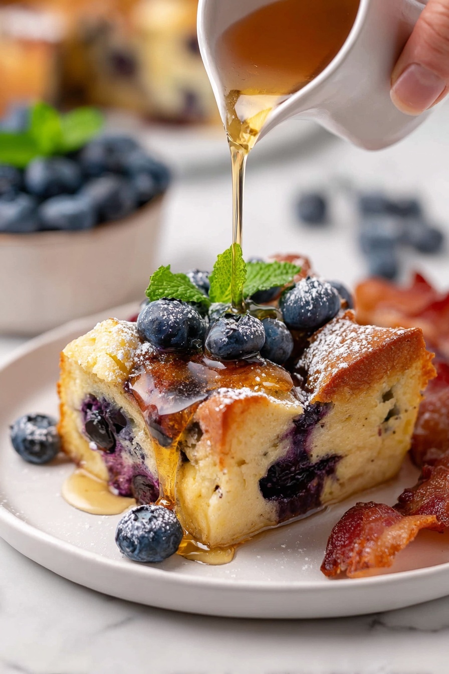 A thick square slice of bread pudding with visible blueberries baked inside sits on a white plate. The bread pudding has a golden-brown crust with a soft, light yellow inside speckled with dark purple blueberries. On top, there are fresh whole blueberries and a few pieces of toasted bread crust dusted with powdered sugar. A silver syrup pitcher is pouring amber syrup over the bread pudding, and some syrup pools on the plate near the dessert. In the background, a white bowl with fresh blueberries and a small bunch of greens is partly visible, all set on a white marbled surface. Photo taken with an iphone --ar 2:3 --v 7