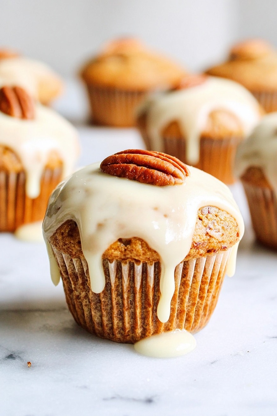 The image shows a close-up of a single muffin with three main layers. The bottom layer is the textured muffin base in light brown with vertical ridges from the paper cup. The middle layer is a thick, creamy white icing that softly drips down the sides of the muffin. The top layer is a small, rich brown pecan placed neatly at the center of the icing. In the background, there are more muffins, slightly blurred, placed on a white marbled surface. The lighting is bright and natural. photo taken with an iphone --ar 2:3 --v 7