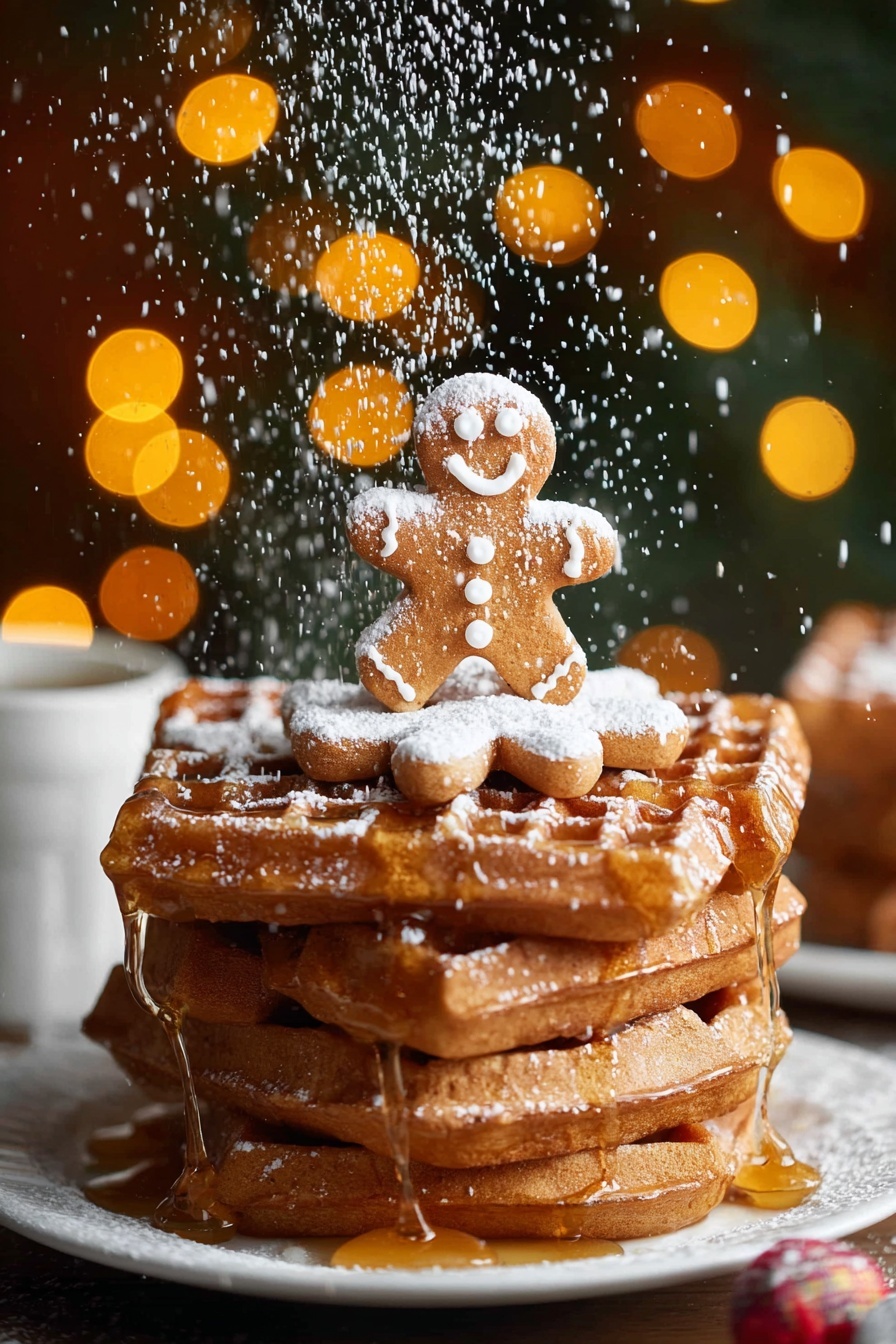 A white plate holds a stack of four golden-brown waffles, each layer showing a crispy texture with syrup dripping down the sides. On top of the stack stands a small gingerbread man cookie decorated with white icing for eyes, buttons, and a smile. Powdered sugar is being sprinkled from above, creating a gentle falling snow effect over the waffles and cookie. The background features soft yellow bokeh lights and hints of Christmas-themed shapes, all set on a white marbled surface. photo taken with an iphone --ar 2:3 --v 7