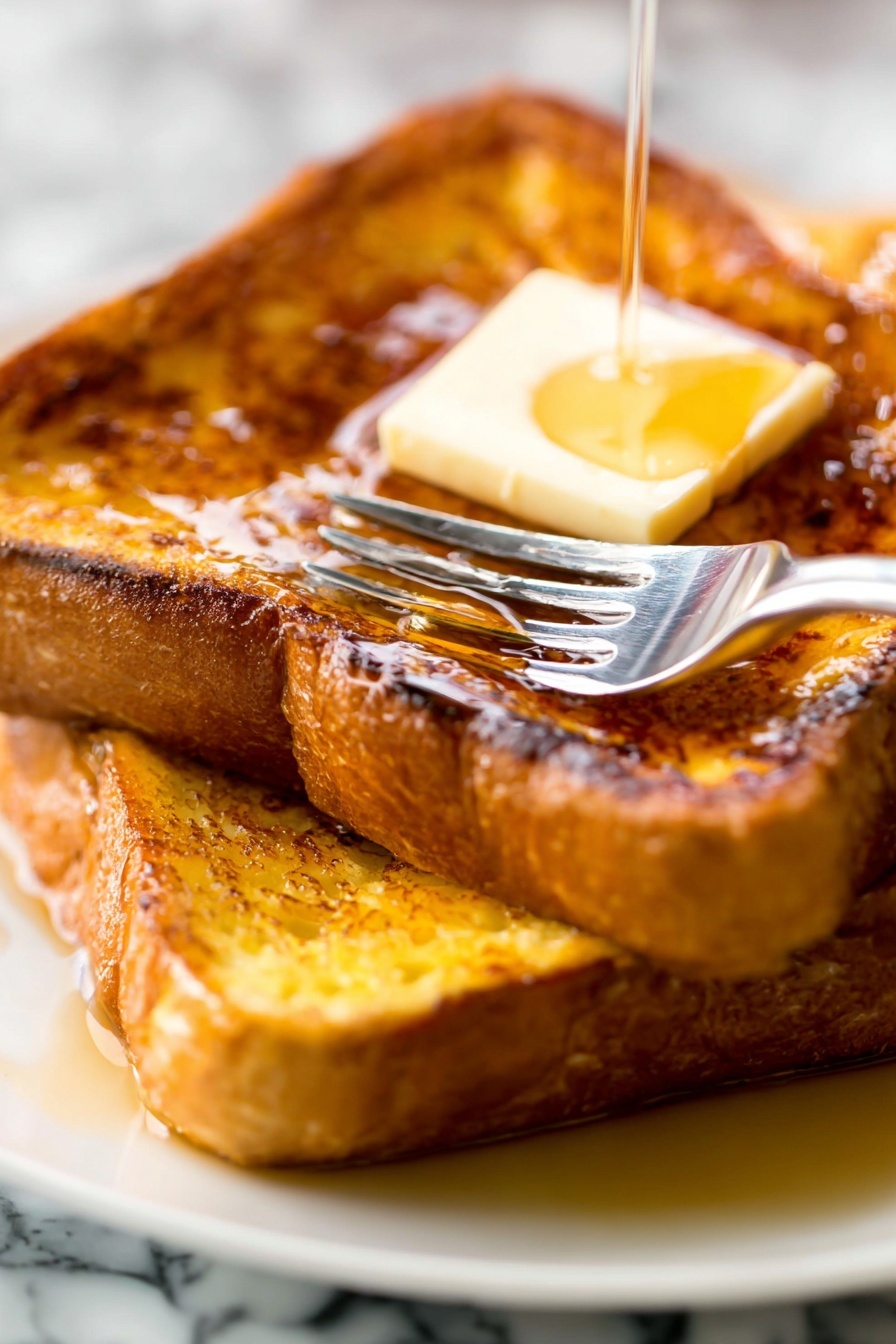A stack of two thick slices of golden brown French toast sits on a white plate, each slice showing a slightly crispy and textured crust with a soft, fluffy interior. On top of the upper slice is a melting square of pale yellow butter, partially glossy from the heat. A fork is pressing into the top slice, its silver prongs digging lightly into the toast. The plate rests on a white marbled surface with syrup pooling around the toast, adding a shiny amber hue that drips down the edges. photo taken with an iphone --ar 2:3 --v 7