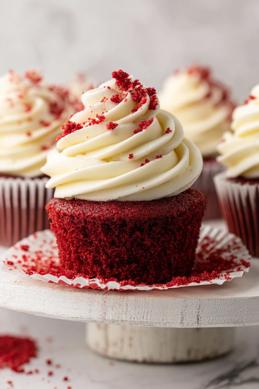 The image shows a red velvet cupcake with two distinct layers: the bottom layer is deep red, moist, and textured cake, while the top layer is a thick swirl of smooth, white cream cheese frosting with small red cake crumbs sprinkled on top. The cupcake wrapper is partially peeled down to reveal the cake, and the cupcake sits on a white, slightly worn wooden stand against a white marbled background. Other similar cupcakes are blurred in the background, creating a soft, cozy scene. Photo taken with an iphone --ar 2:3 --v 7