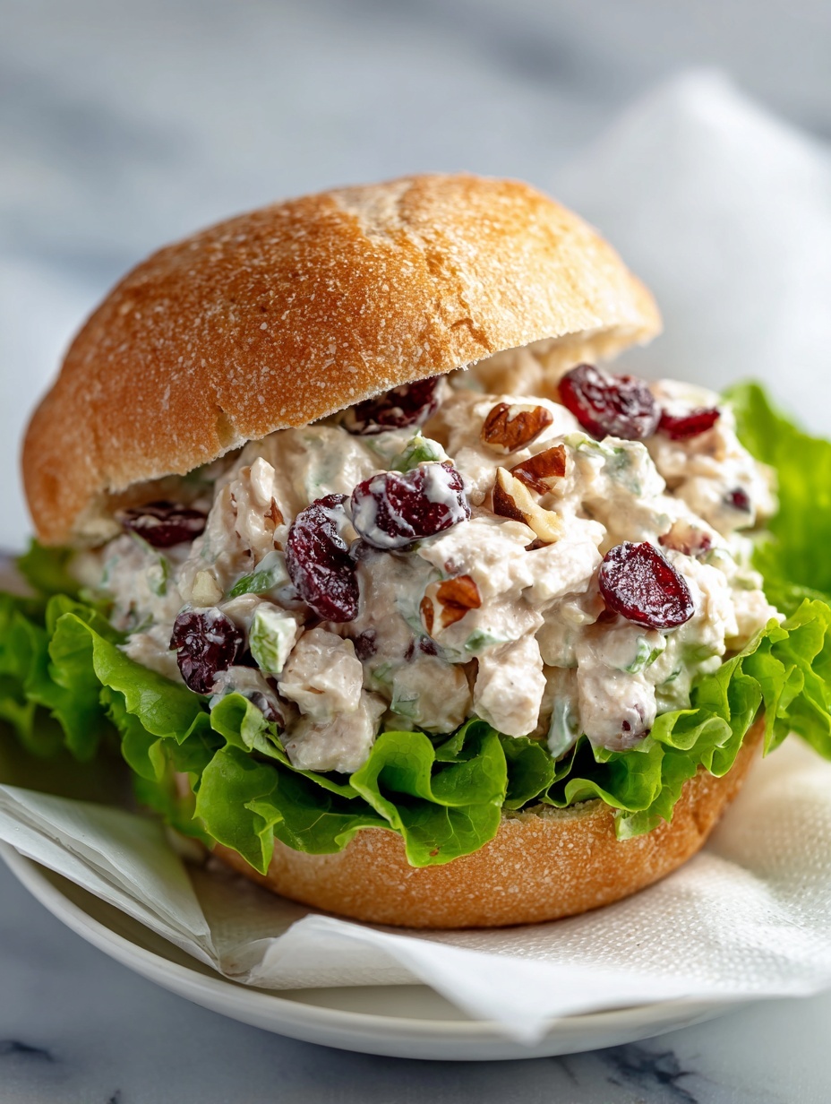 A sandwich is shown on a white plate with a white marbled surface underneath. It has a soft, golden brown bun with a slightly rough texture on top. Inside, there is a layer of fresh, bright green curly lettuce at the bottom, topped with a creamy mixture that contains small white chunks and brown nut pieces, giving it a textured look. The top bun is placed over the filling, partially covering it. The overall scene has soft lighting and a clean background. photo taken with an iphone --ar 2:3 --v 7