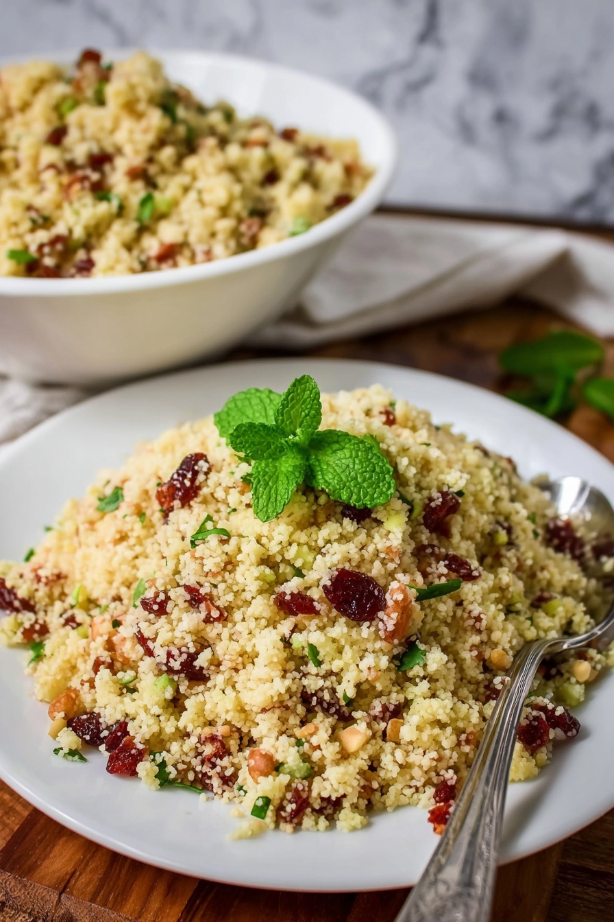 A white plate holds a mound of light golden couscous mixed with small pieces of red cranberries, green chopped herbs, white onion bits, and some brown nuts, giving it a colorful, textured look. On top, there is a small sprig of fresh green mint leaves for decoration. Next to the couscous pile, a silver fork rests on the plate’s edge. In the background, part of a large white bowl filled with more couscous is visible, set on a wooden surface with a white cloth nearby. The whole scene is bright and clear, resting on a white marbled surface. Photo taken with an iphone --ar 2:3 --v 7