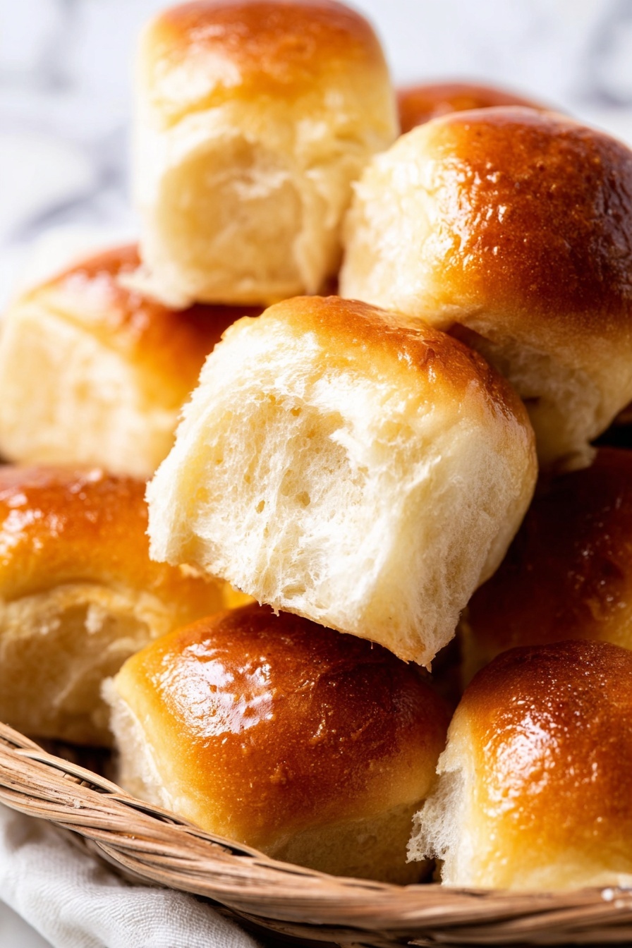 A close-up image shows several golden brown dinner rolls piled together in a basket. The dinner rolls have a shiny, smooth crust with a warm caramel color on top, and a soft, fluffy inside that is light cream color. The rolls are square-shaped, some split open to reveal their soft texture inside. The background is out of focus but appears as a white marbled texture. The photo taken with an iphone --ar 2:3 --v 7